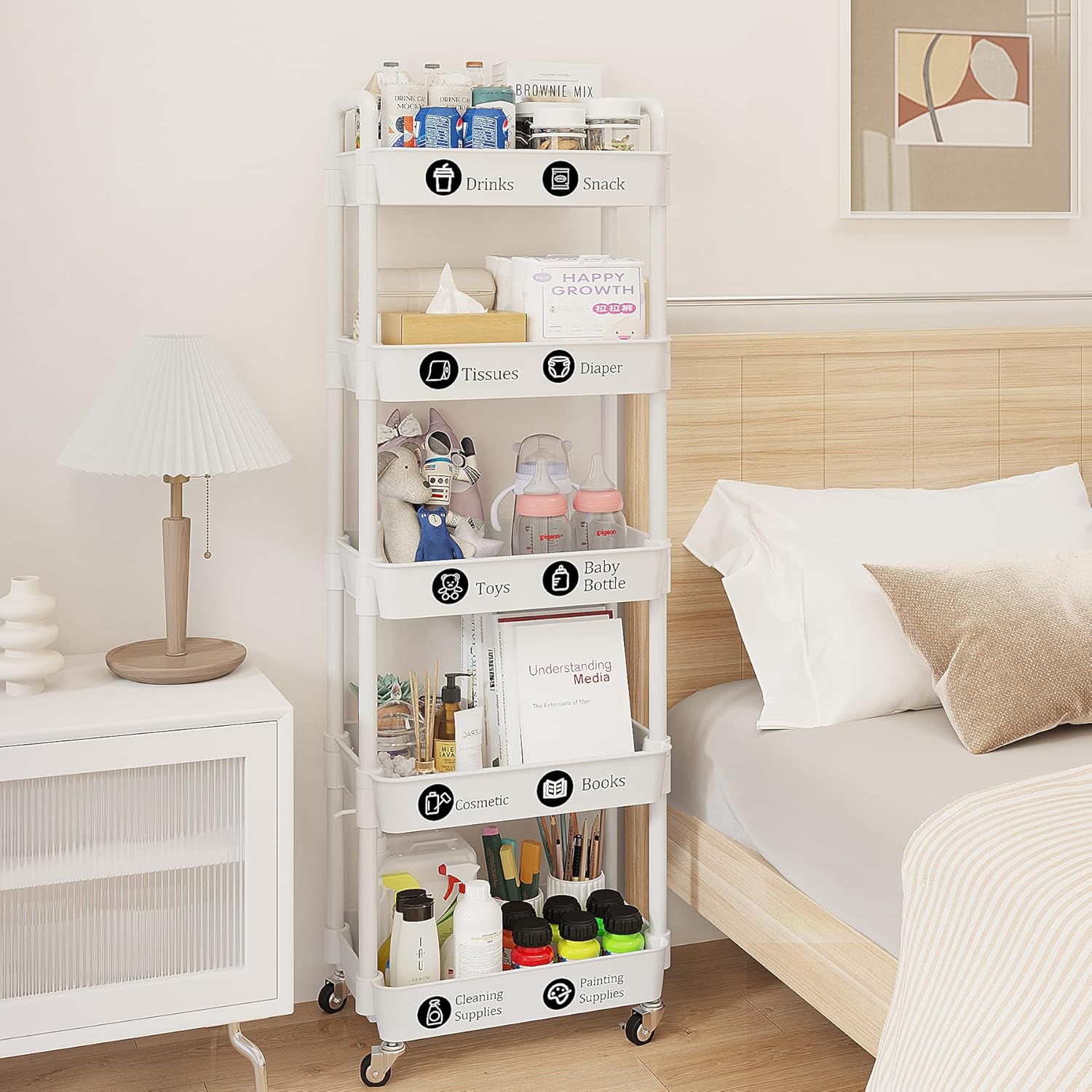 UDEAR 5-Tier Rolling Utility Cart with 12 Category Labels,Multifunctional Storage Shelves with Handle and Lockable Wheels for Room,Office,Kitchen,Bathroom,White 5 Tier White