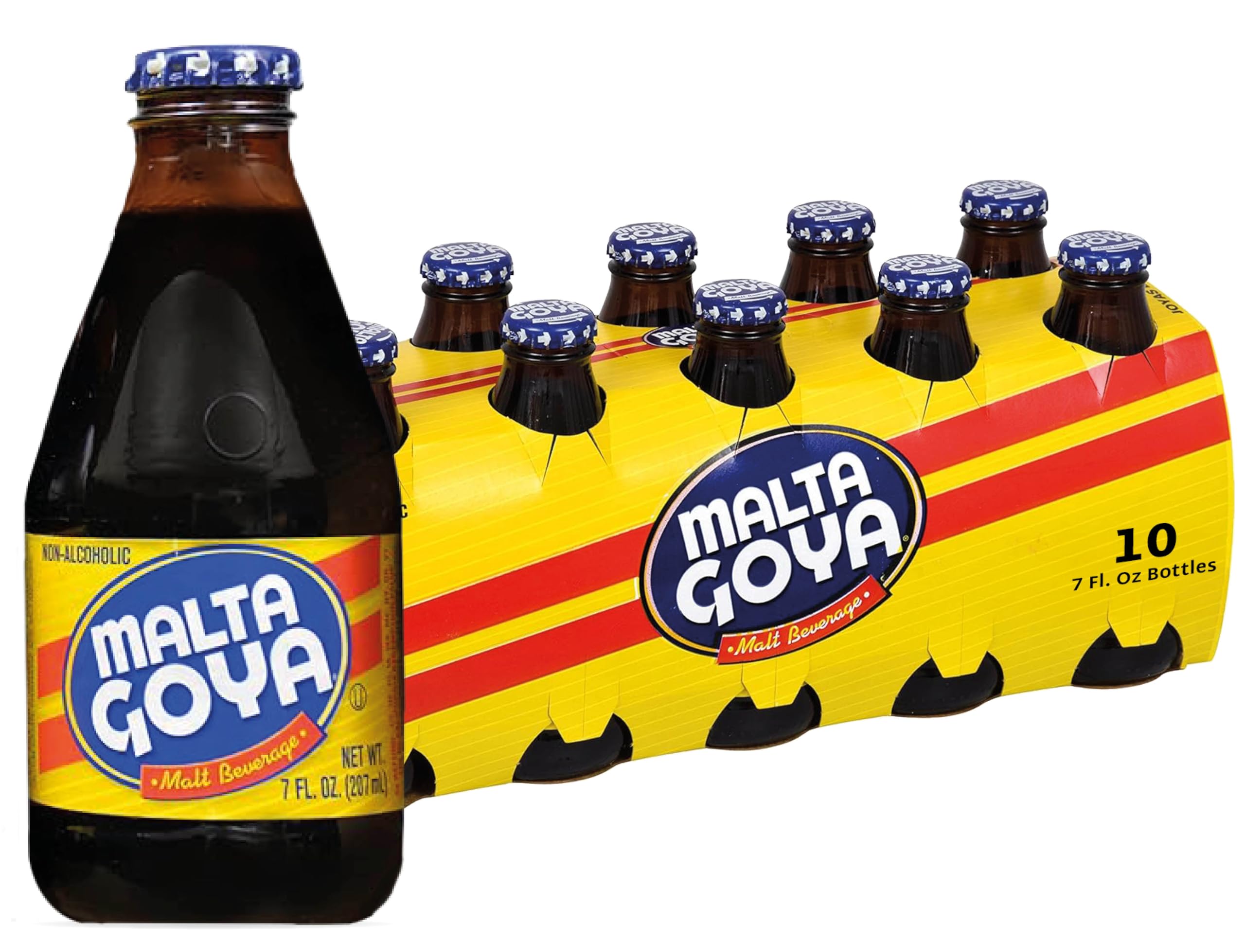 Goya Malta, Non-Alcoholic Beer Malt Drink, Malta Soda, Rich & Sweet Flavor, Brewed from Barley and Hops, 10-Pack, 7 Fl Oz Bottles