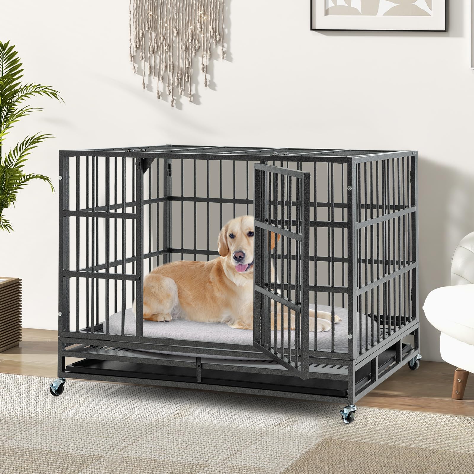 GOPLUS - Jaula para perros plegable de metal con ruedas cerradas, doble puertas cerradas, bandeja extraíble para perros grandes y medianos (48 pulgadas)