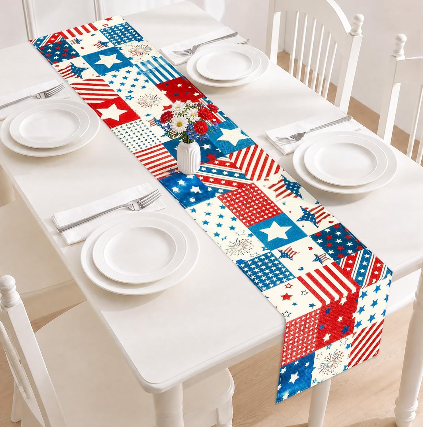 4th of July Table Runner, 250th Anniversary USA Table Runner, Patriotic American Flag Table Memorial Day Party Decor for Kitchen Dining, 72 x 13 Inch (2#)