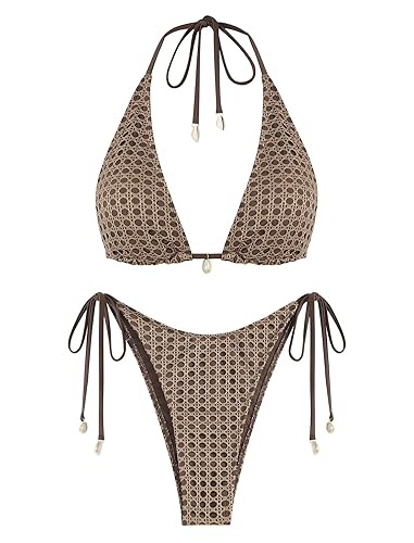 ZAFUL Women's Triangle Bikini Multiway Fishnet Tie Side Bandeau Halter String Bikini Set Two Piece Swimsuit Bathing Suits - 1b-brown - Medium