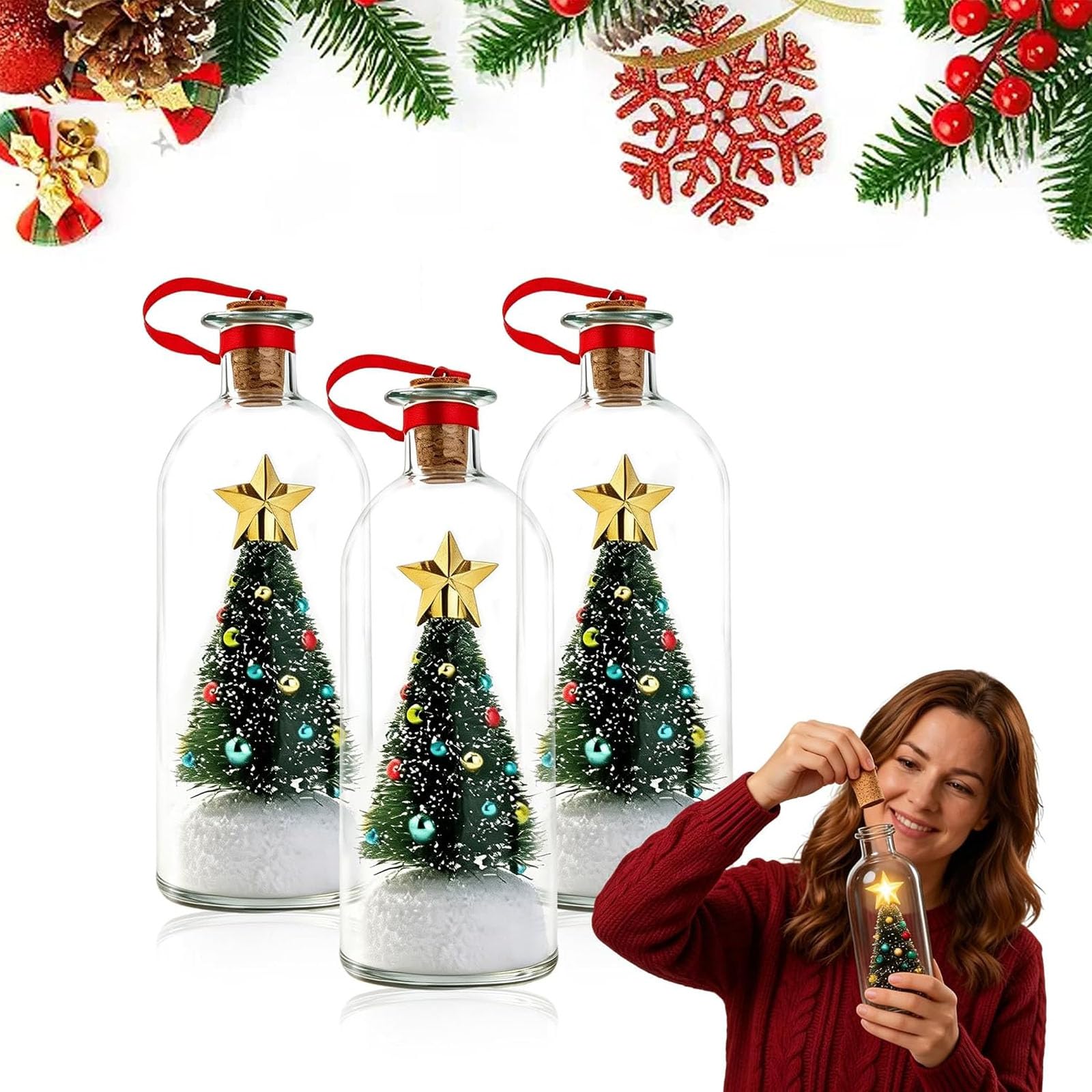 Messaggio registrabile per albero di Natale in una bottiglia, durata 30s | Vetro ricordo di Natale con riproduzione, nostalgica scena innevata, vetro decorazione vacanza(3PCS)