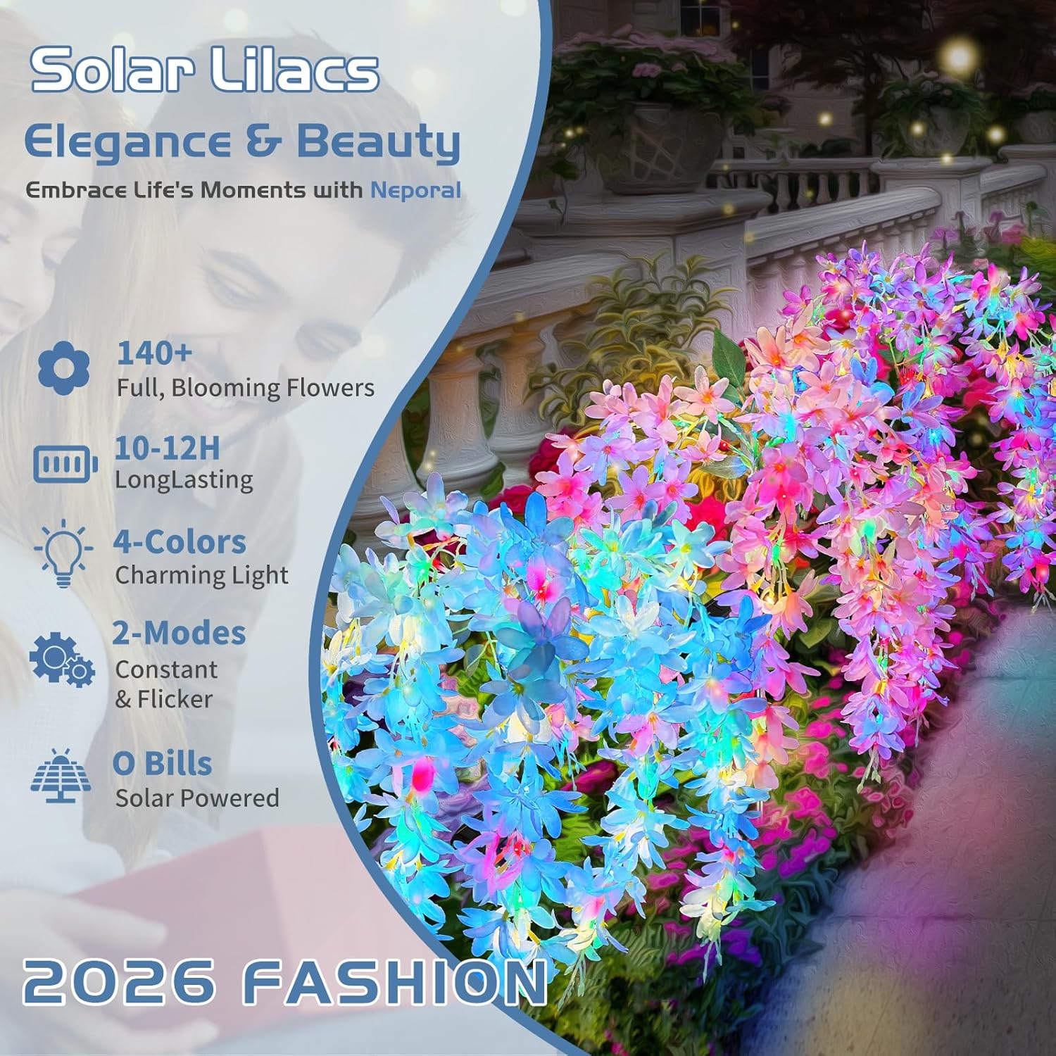 Neporal Solar Flowers Outdoor Waterproof IP65, 5 Lilac Flower Vines with 140+ Flowers, 2 Lightning Modes &Enlarged Solar Panel, 3PK Blue/Pink/Purple Solar Garden Lights Outdoor for Garden, Yard Decor