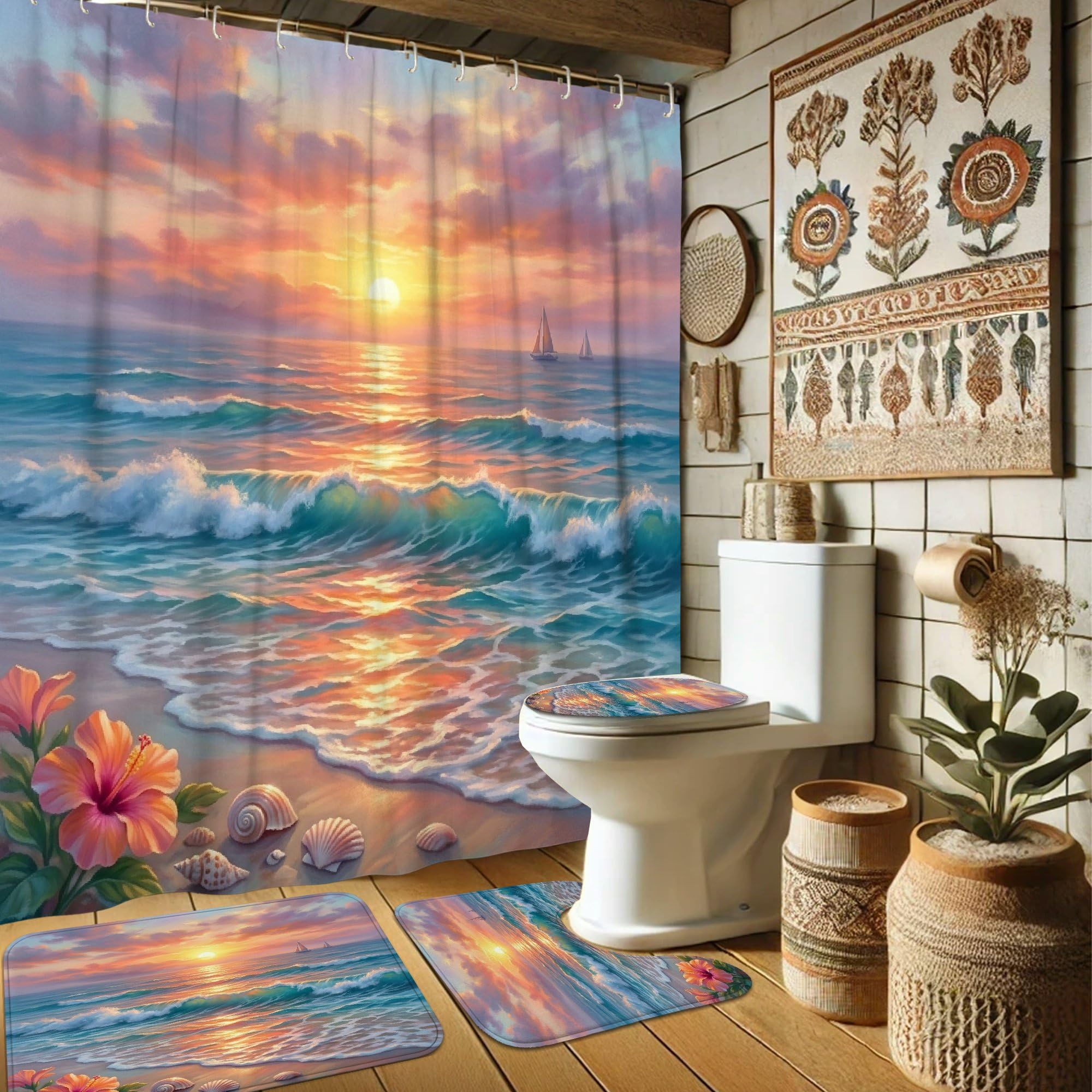 Rideau de douche motif coucher de soleil lavable en machine avec tapis de bain assorti