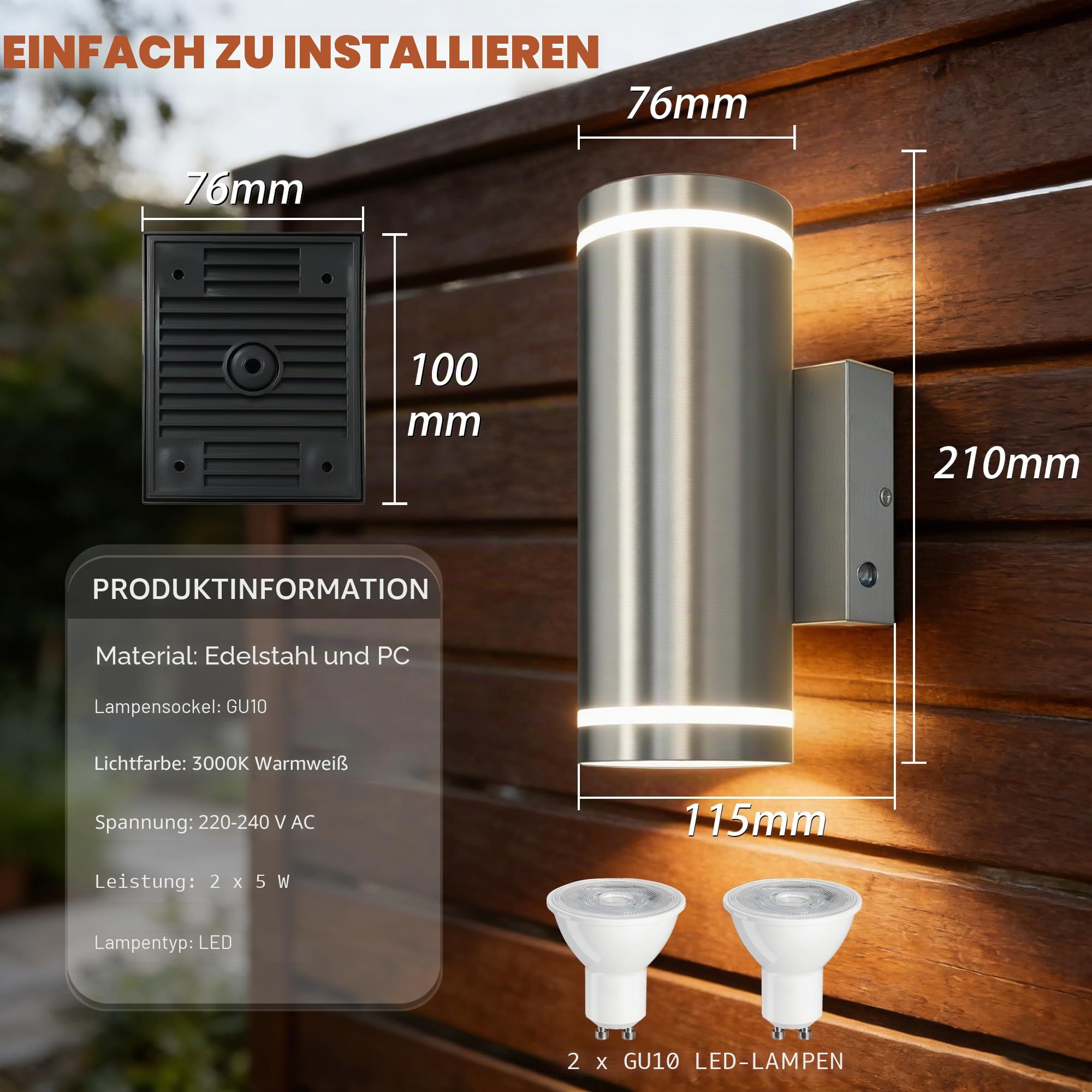 JNR Außenlampe mit Dämmerungssensor, Edelstahl Aussenleuchte, Silber 2 Pack | Edelstahl, IP65 Wasserdichte LED Aussenlampe mit Lichtsensor Außen inkl. 2x 5W GU10 3000K Warmweiß Glühbirne
