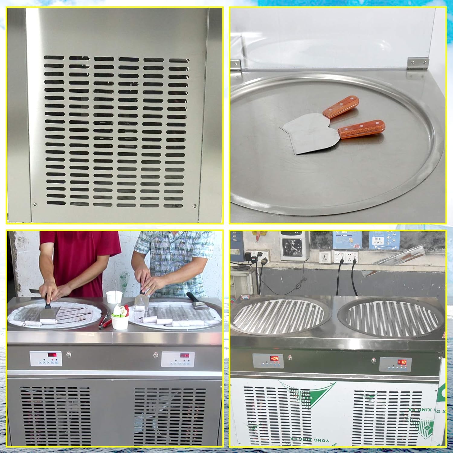 Commercial Certificate 22" Double Round Pans Fried Ice Cream Machine, Gelato Fry Frozen Yogurt Ice Cream Maker, Fry Ice Cream Rolled Machine for Restaurant, Bar, Milktea Shop, Street Snack Food