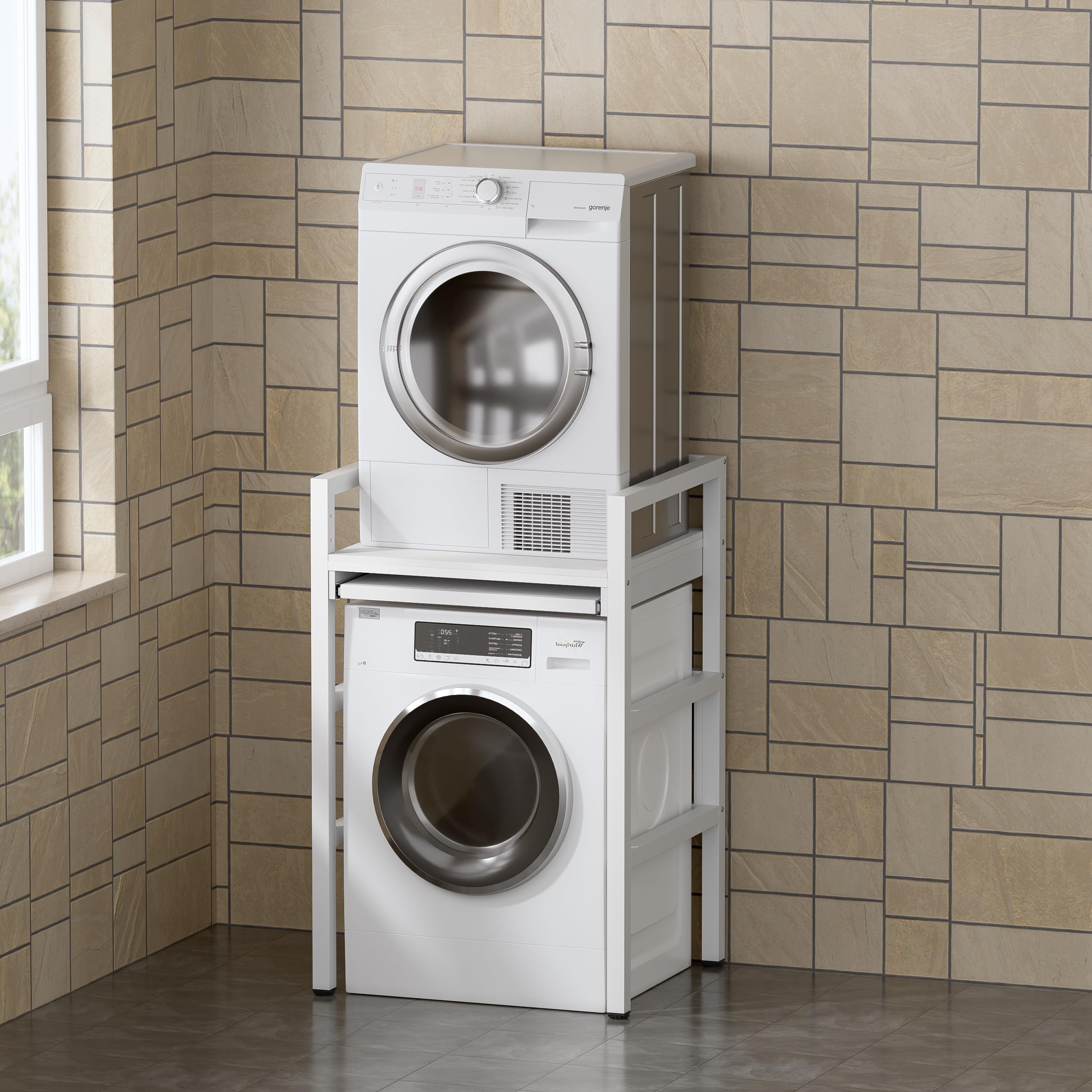 MSFE Estantería Lavadora con Tablero de Estante, Soporte de Altura Ajustable para Secadora,Universal Kit de Soporte Secadora sobre Lavadora, Capacidad de Carga 350kg,73*64*115cm,Producto Patentado
