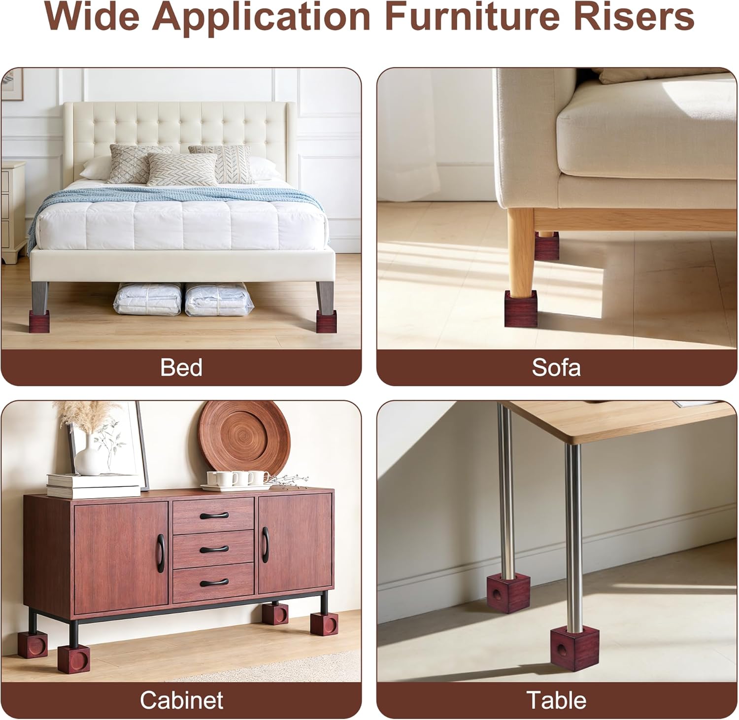 4 Inch Solid Bamboo Bed Risers, 2200 LBS Heavy Duty Furniture Leg Extenders, 3 Circular Recess Sizes (1/2/3") Support Blocks for Bed Couch Desk Chair Table, 4-Pack Brown