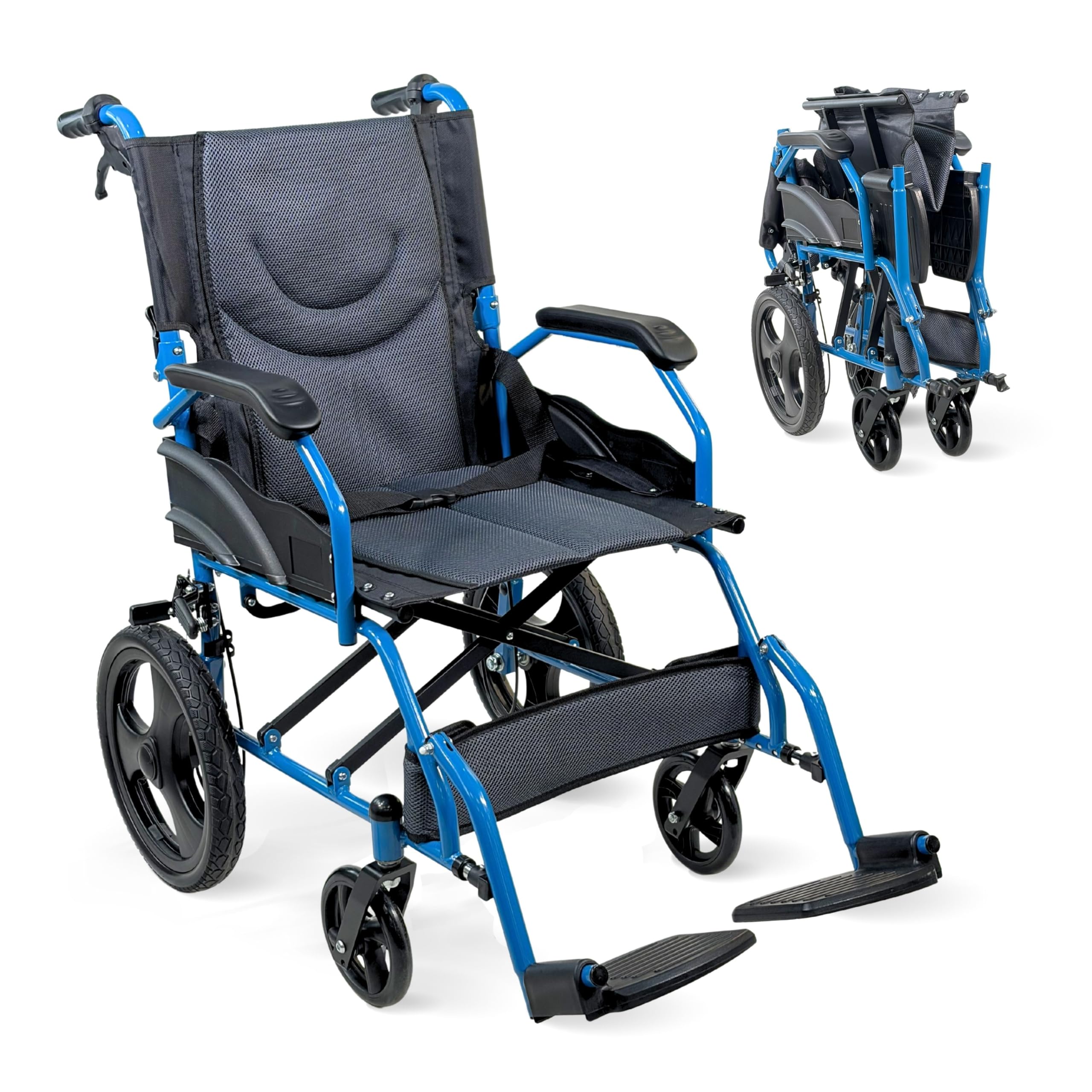 Mobiclinic®, Silla de Ruedas Plegable, de Tránsito, Respaldo Abatible, Reposapiés Abatibles, Doble Sistema de Frenado, Acero Reforzado, Hasta 100 kg, Ligera y Compacta, Faraón