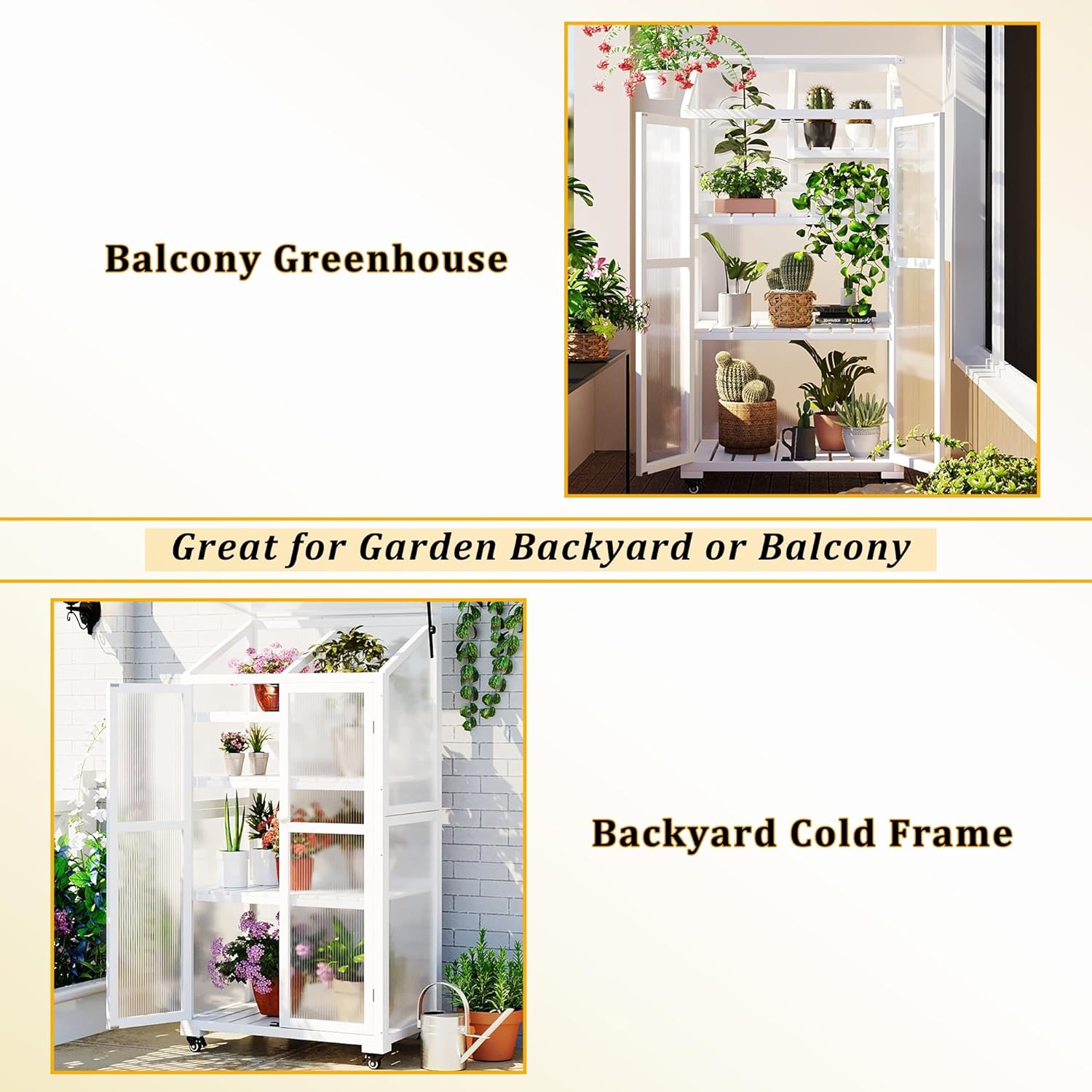 62inch Height Wood Large Greenhouse Balcony Portable Cold Frame with Wheels and Adjustable Shelves for Outdoor Indoor Use(White)