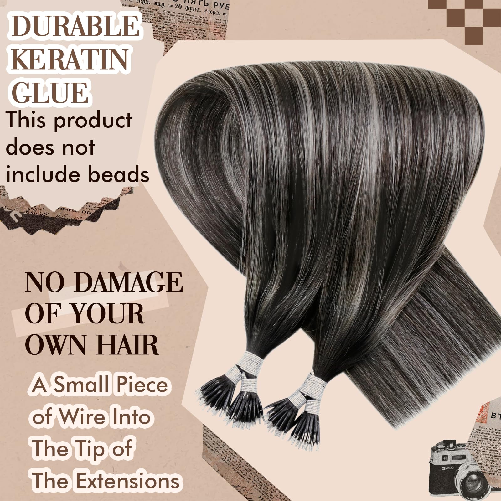 Hetto Nano Hair Extensions Real Human Hair Black Ombre Silver 22 Inch, Invisible Nano Beads Hair Extension - Image 3