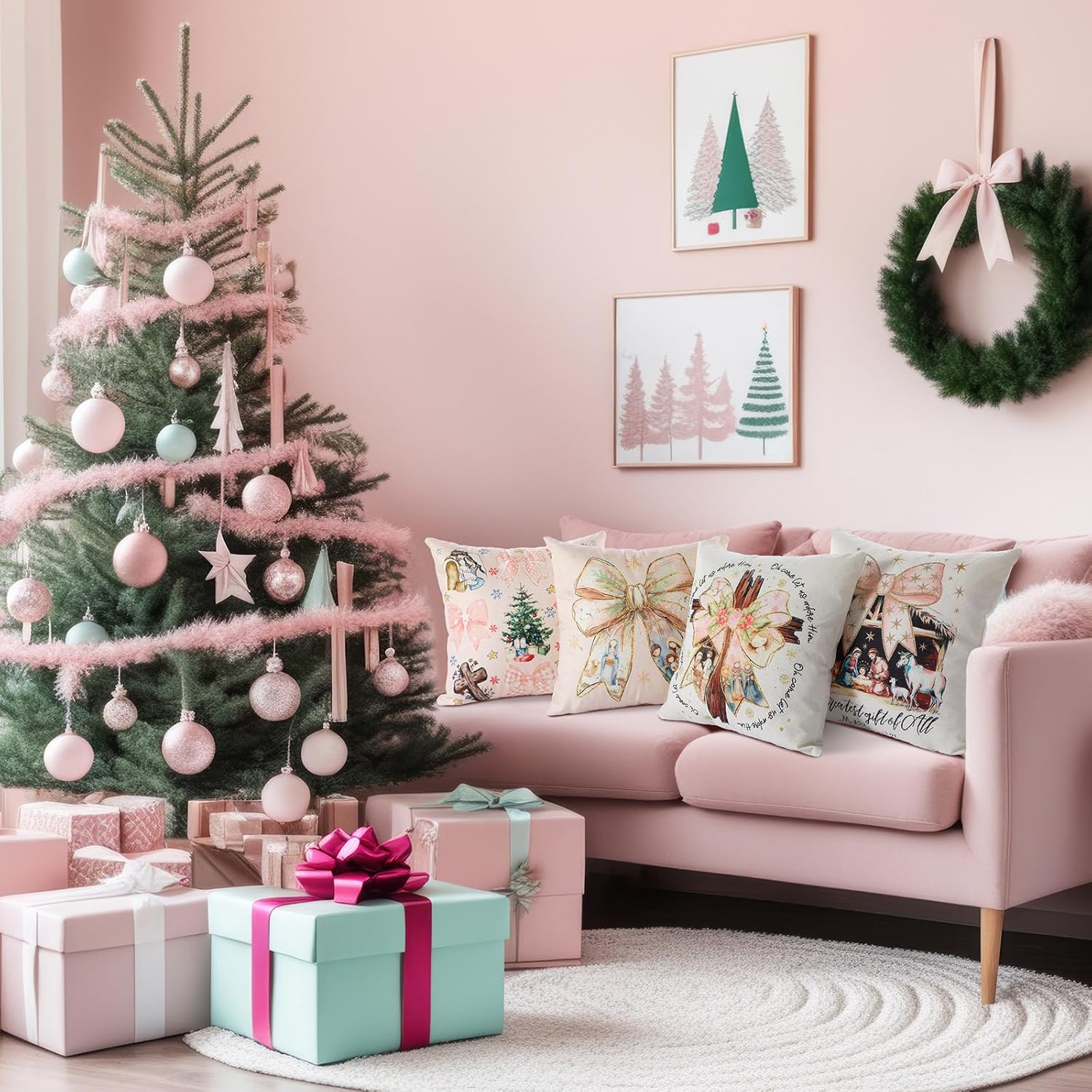 Coquette Christmas Pillow Covers 18x18 Inch Set of 4 Preppy Pink Bow Jesus Christmas Nativity Scene Decorative Pillowcase Girly Winter Holiday Home Decor for Sofa Couch Bedroom - Image 5