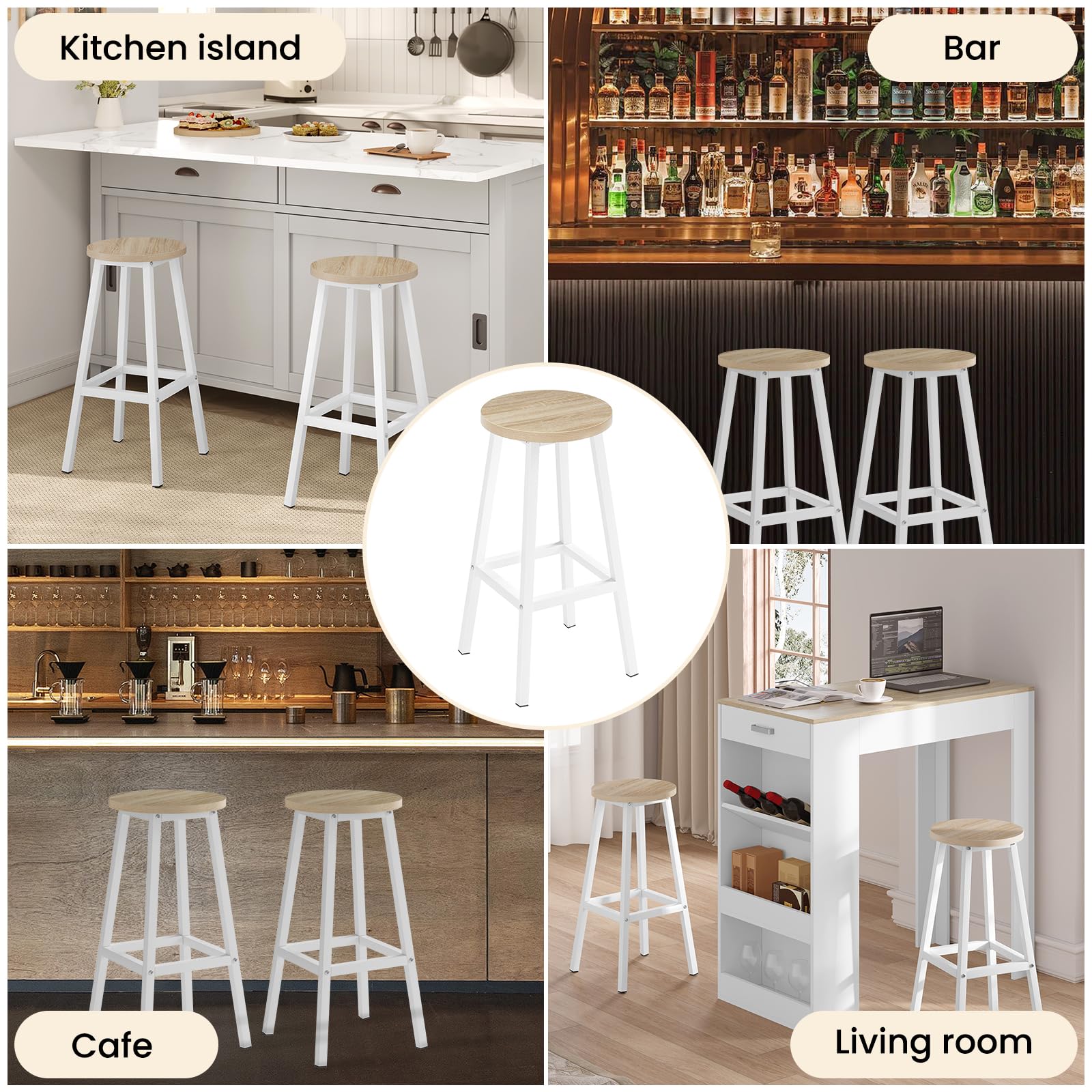 Sgabello da Bar Set di 2, Sgabello da Cucina con Poggiapiedi, Sgabello Alto in Stile Moderno/Industriale per Bar, Caffè, Isola della Cucina, Legno chiaro