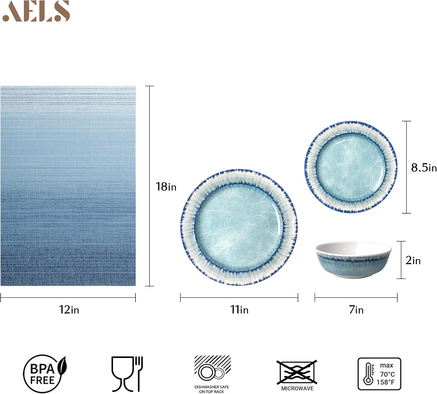 AELS Melamine Dinnerware Set of 12 Pcs Dinner Dishes Set with 4 Placemats for Indoor and Outdoor Use, Dishwasher Safe, Lightweight Unbreakable, BPA Free, Light Blue