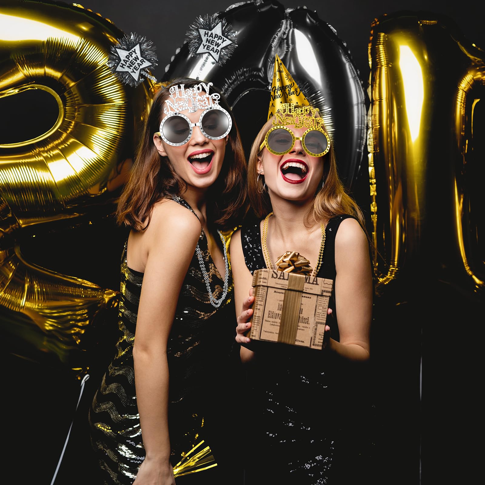 Suministros de fiesta de Año Nuevo 2025, suministros de fiesta de Año Nuevo, diadema, sombrero de papel, gafas, collar de cuentas, fabricante de ruido