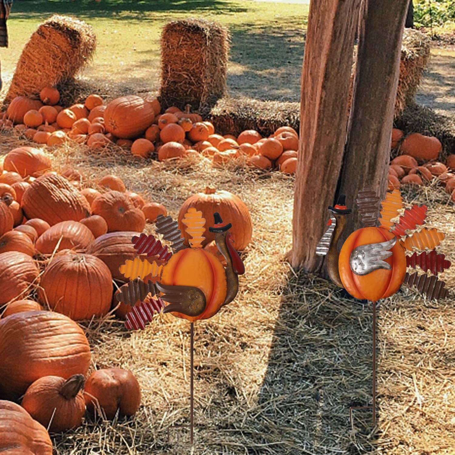 Lulu Home Thanksgiving Turkey Decors, Set of 2 Metal Turkey Stakes Fall Decor, Happy Thanksgiving Autumn Fall Outdoor Decorations