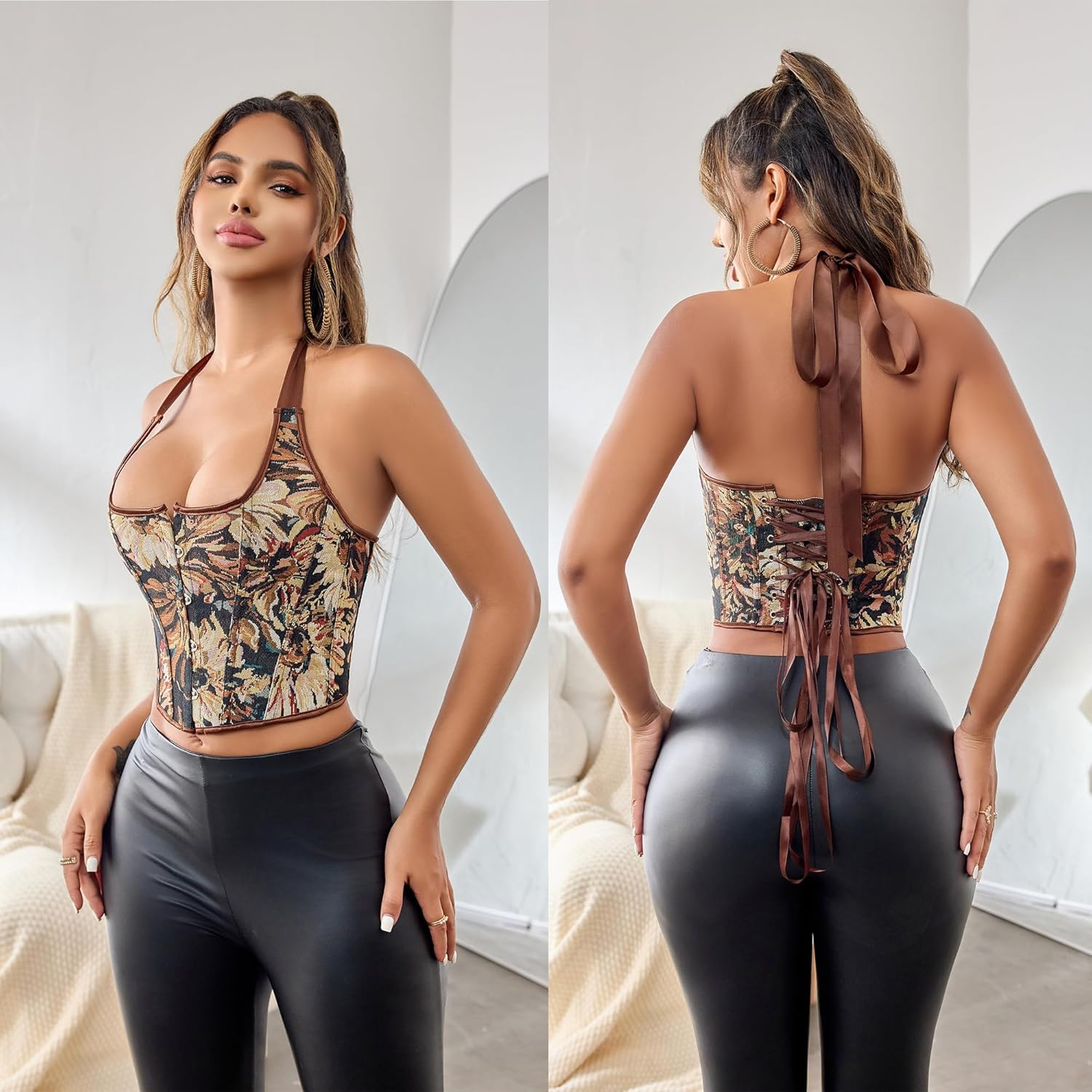 IZUS Ladies Floral Bustier Corset Suspenders Tops Women Lace-up Push Up Crop Tank Bodice with Neck-Lace-Tape - Image 2