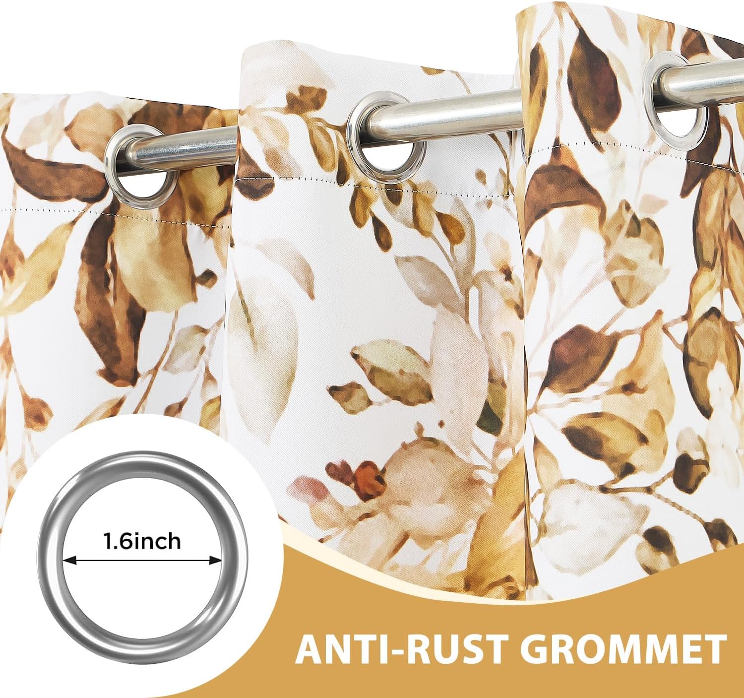 Brown Eucalyptus Blackout Curtains, Spring Watercolor Leaves with Floral Window Curtain for Living Room Bedroom Rustic Room Darkening Grommet Curtains, 42x63 Inch, 2 Panels