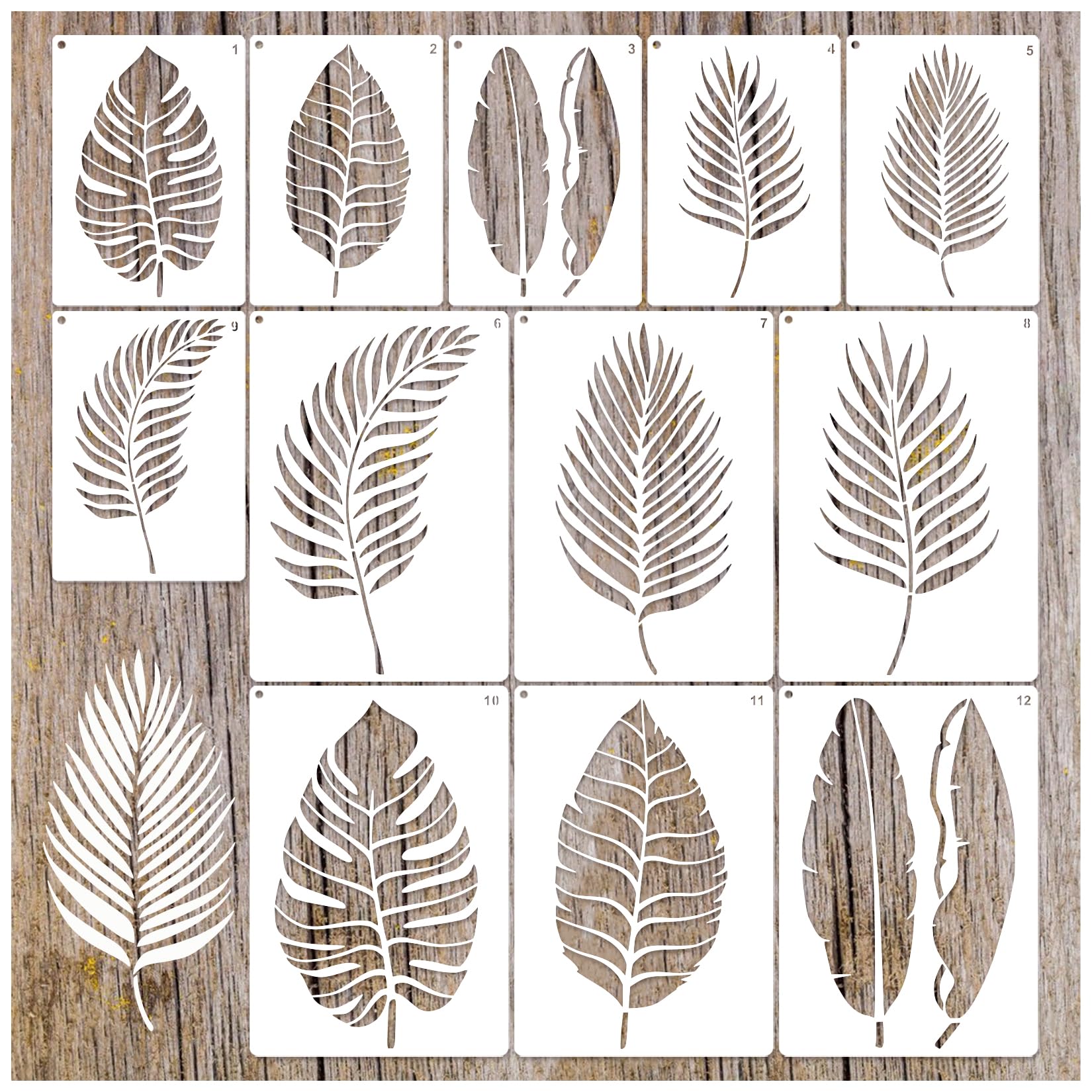 12 Pcs Large Leaf Stencil for Painting on Walls Tropical Palm Stencil Crafts Reusable Plant Fern Templates for Walls Shirts Floor Canvas (12 Leaf)