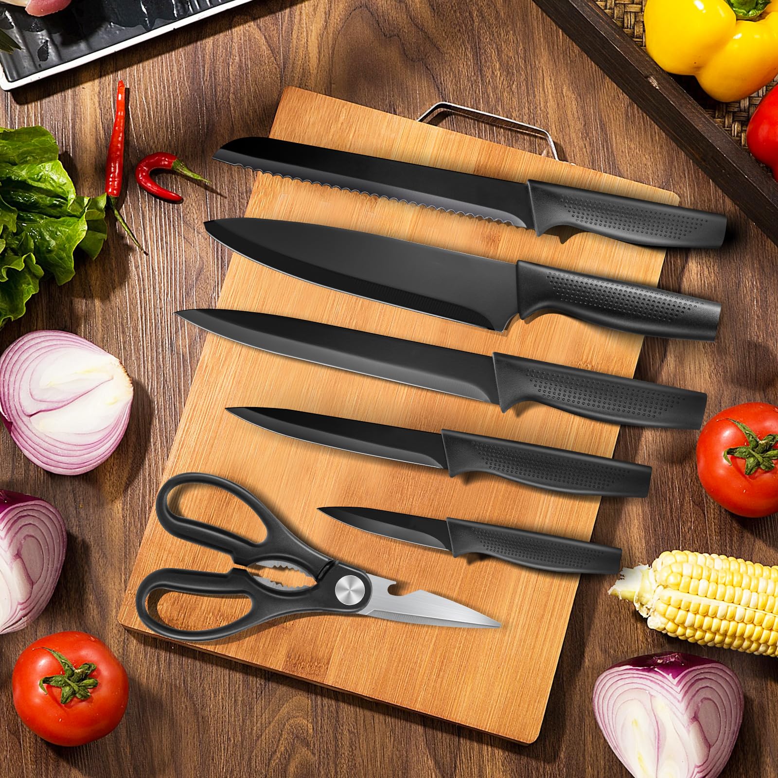 VINATO Juego de Cuchillos de Cocina, de 7 Piezas con Bloque y Afilador de Cuchillos Integrado, Set Cuchillos Cocina con 5 Cuchillos Diferentes y 1 par de Tijeras, Negro