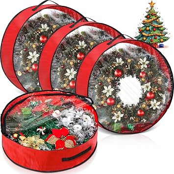 4 Pcs Christmas Wreath Storage Bag, Christmas Garland Storage Container with Clear Window, Zipper & Handle for Xmas Holiday Seasonal Wreath Garland BoxRed,36"
