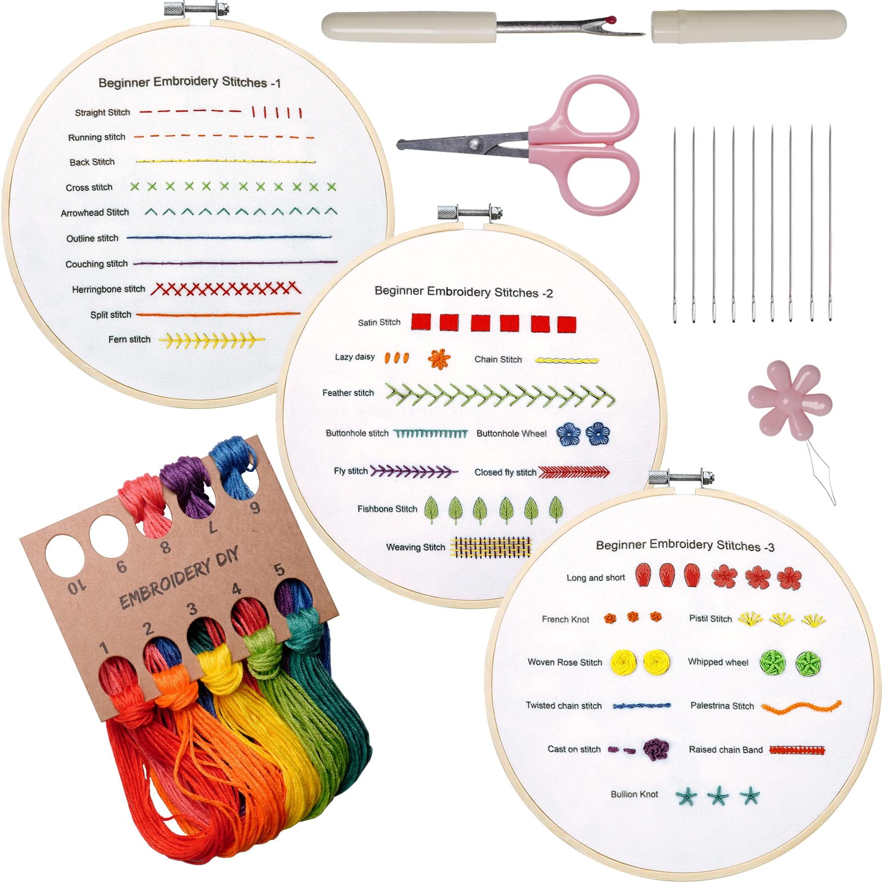 Bonroy Beginners Embroidery Practice kit 3 Sets to Learn 30 Different Stitches for Craft Lover Hand Stitch with Embroidery Fabric with Skill Techniques