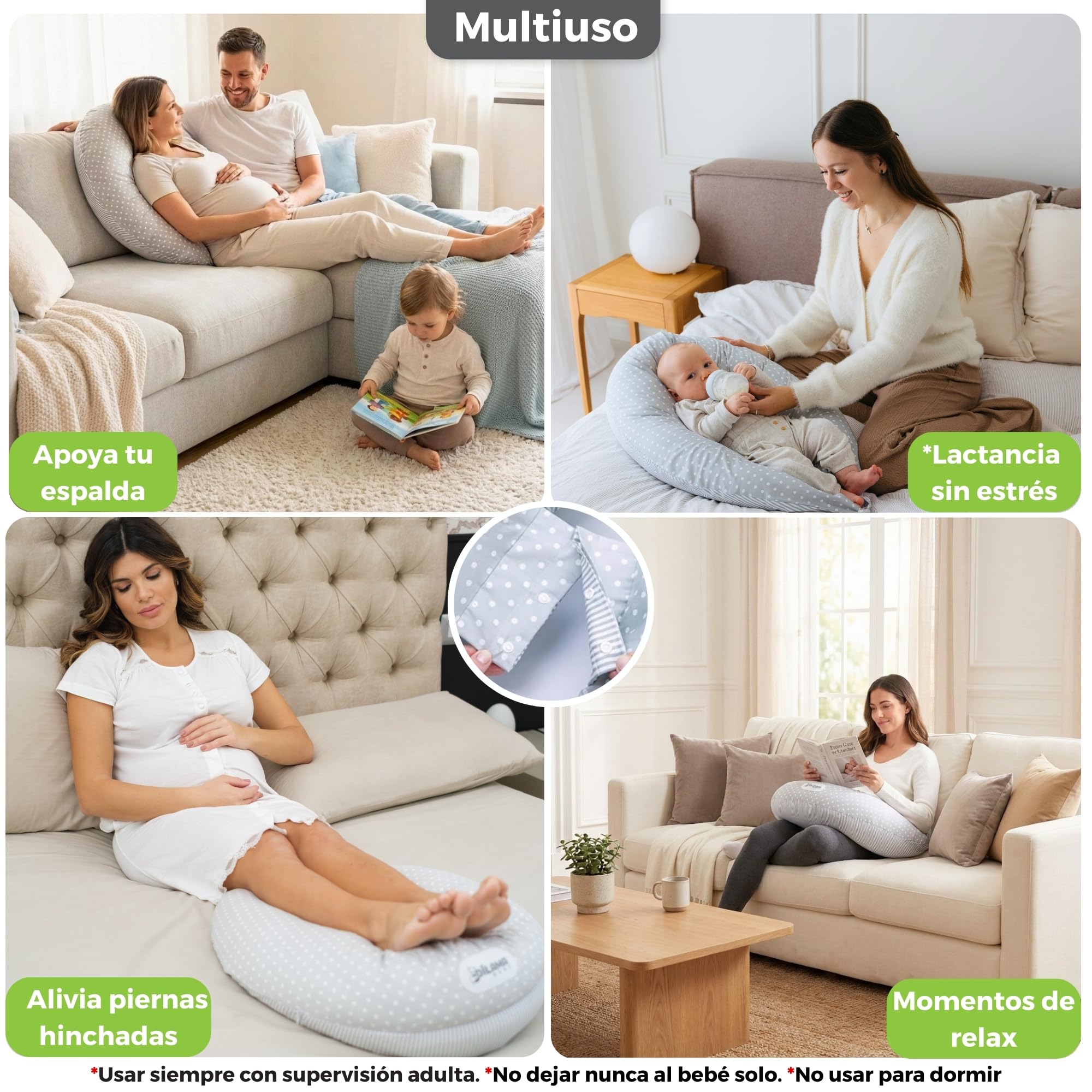 Dilamababy Almohada Embarazada y Cojín Lactancia Bebé Multifuncional | Copos viscoelásticos y microfibras, algodón lavable, dormir de lado, premama, maternidad, regalo original, Made in Italy