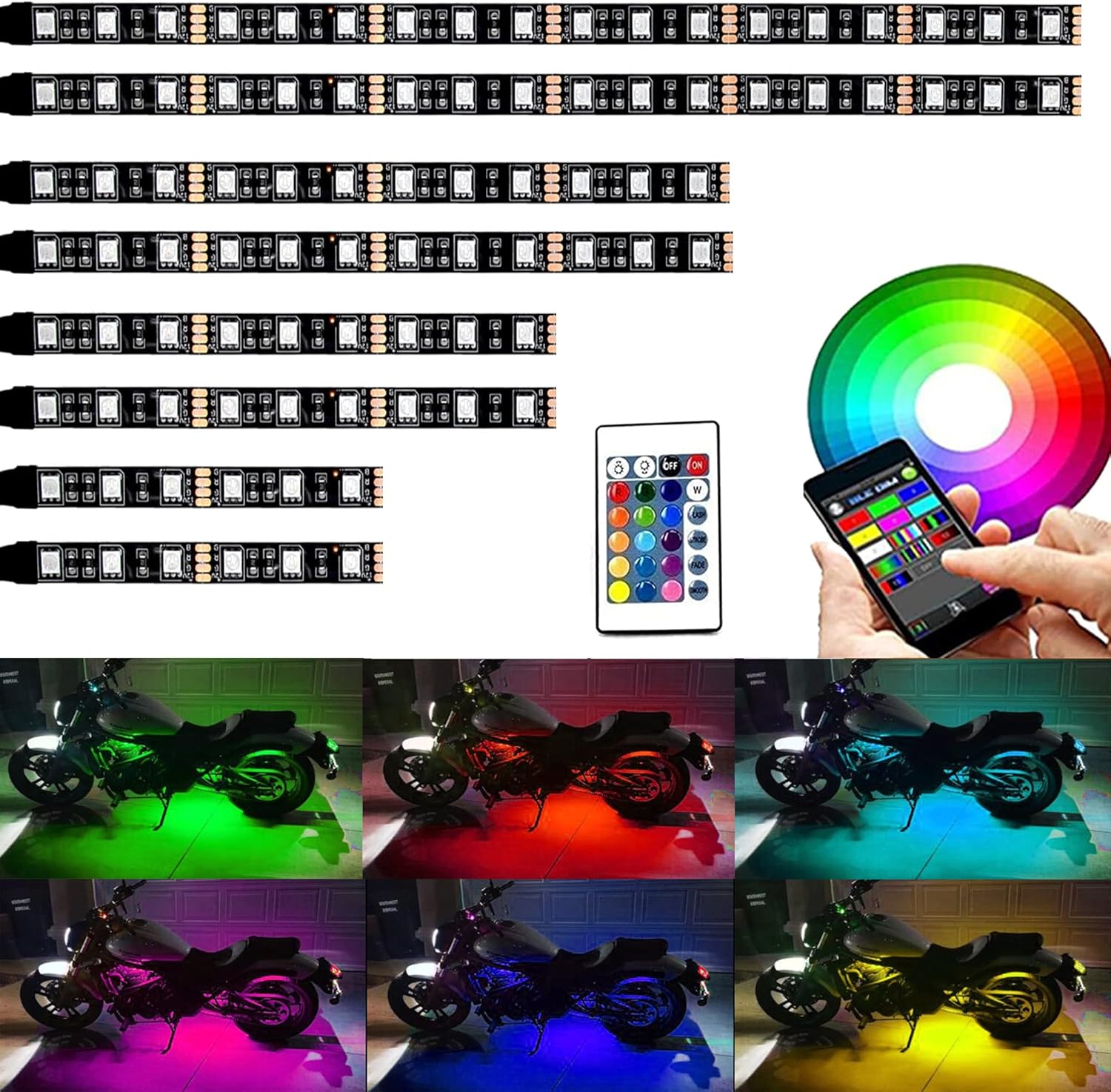 8pc Bluetooth RGB LED Car Motorcycle Glow Lights Flexible Neon Strip Waterproof Kit,IP 68 Waterproof with RF Wireless Remote
