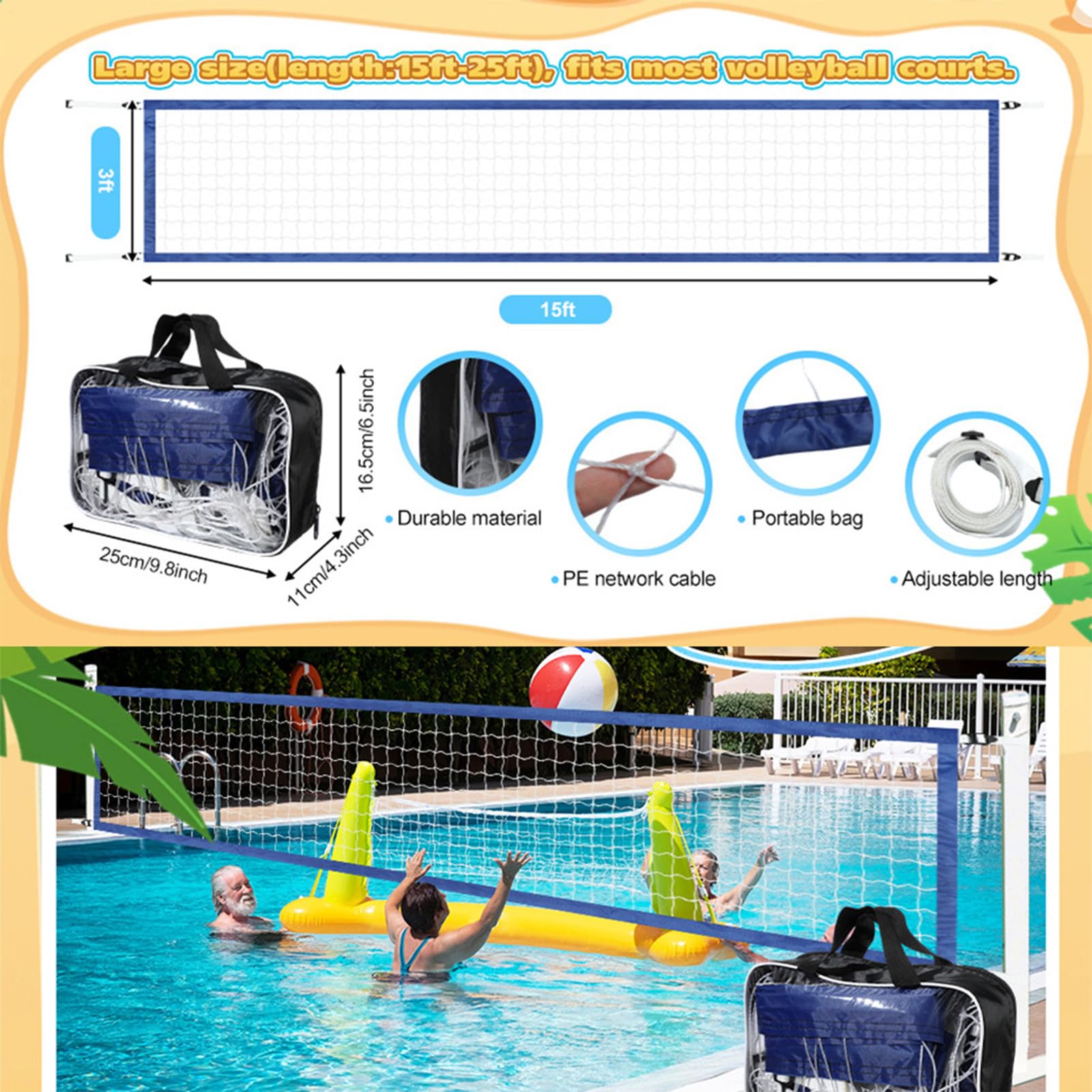 Filet de Volley-Ball Gonflable en Nylon de 4,6 m pour Jeux Aquatiques, Piscine, activités de Plage Amusantes en