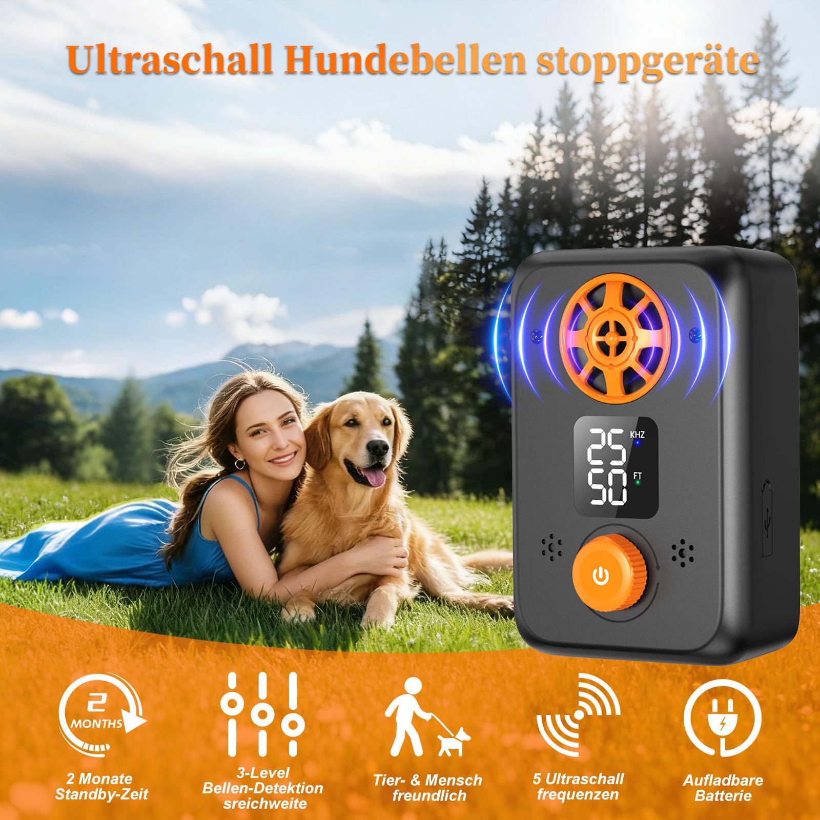 Antibell für Hunde - Ultraschall Antibell Gerät für Hunde mit 5 Frequenzstufen 3 Reichweiten 50 Fuß Reichweite Automatischer Anti Bellen Funktion Ultraschall Hundebell Stopper für Innen Außen