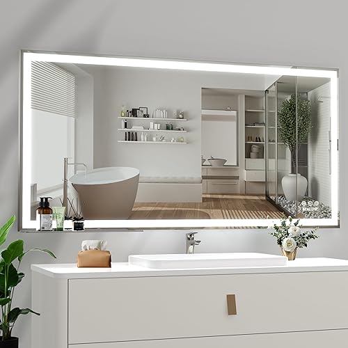 BEAUTME Espejo de baño LED de 48 x 24 pulgadas, espejo de baño iluminado con luces, luces de 3 colores ajustables, montado en la pared, antiniebla,