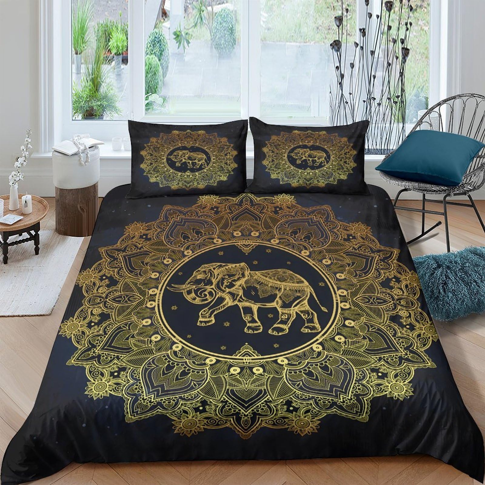 Ctjqhvkz Style-5 3D Printed Mandala Elephant Fitted Sheet Microfiber Soft Black Gold Bed Cover For Bedroom Dorm Mattress Decor Single（135X200cm）