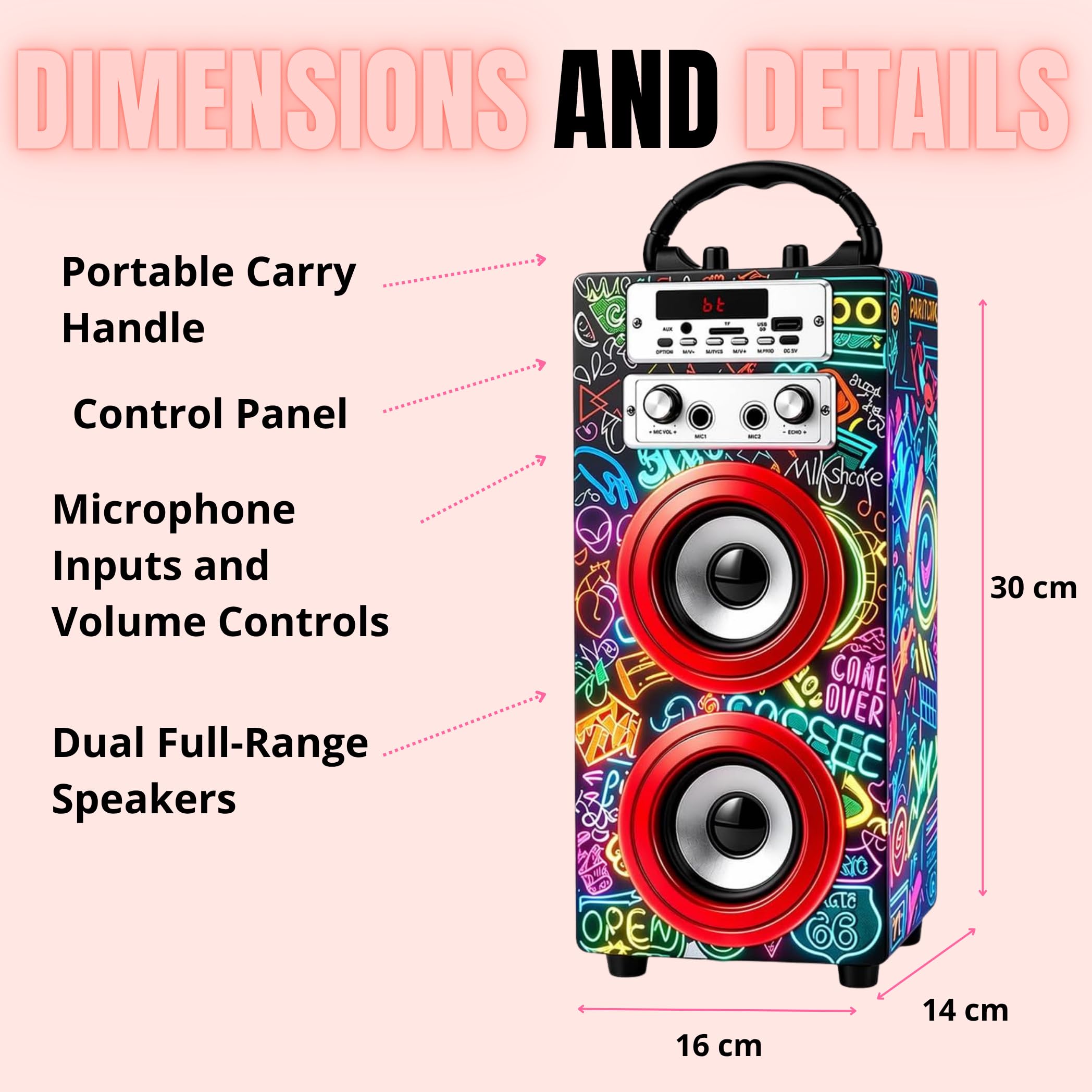 DYNASONIC Macchina Karaoke Portatile, 2 Microfoni, Altoparlante Bluetooth, Luci, Lettore USB e SD (025-21 lights)