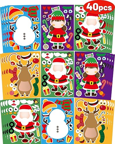 40 hojas de calcomanías de Navidad para niños, manualidades, Navidad, Papá Noel, muñeco de nieve, reno, elfo, elfo, haz tus propias calcomanías de