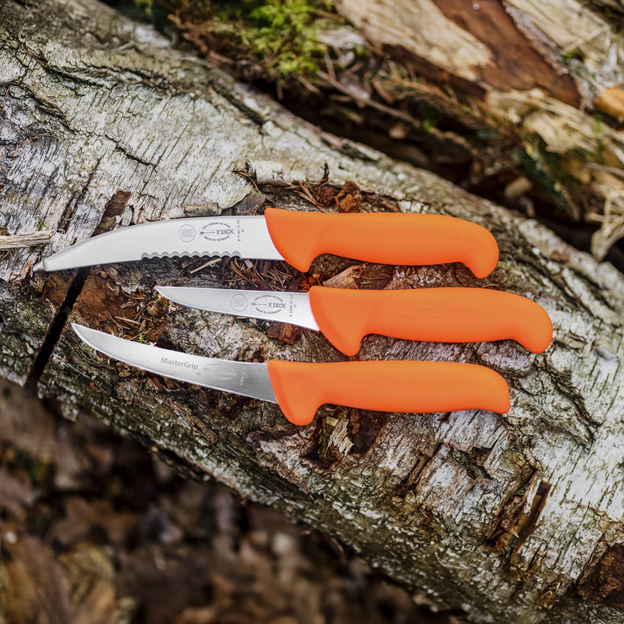 F. Dick Messer Set ErgoGrip 3-teilig „Jagd Outdoor“ (Aufbrechmesser 15 cm, Ausbeinmesser geschweift starr 13 cm, Ringelmesser gerade 10 cm, HRC 56°) 82556200, Orange