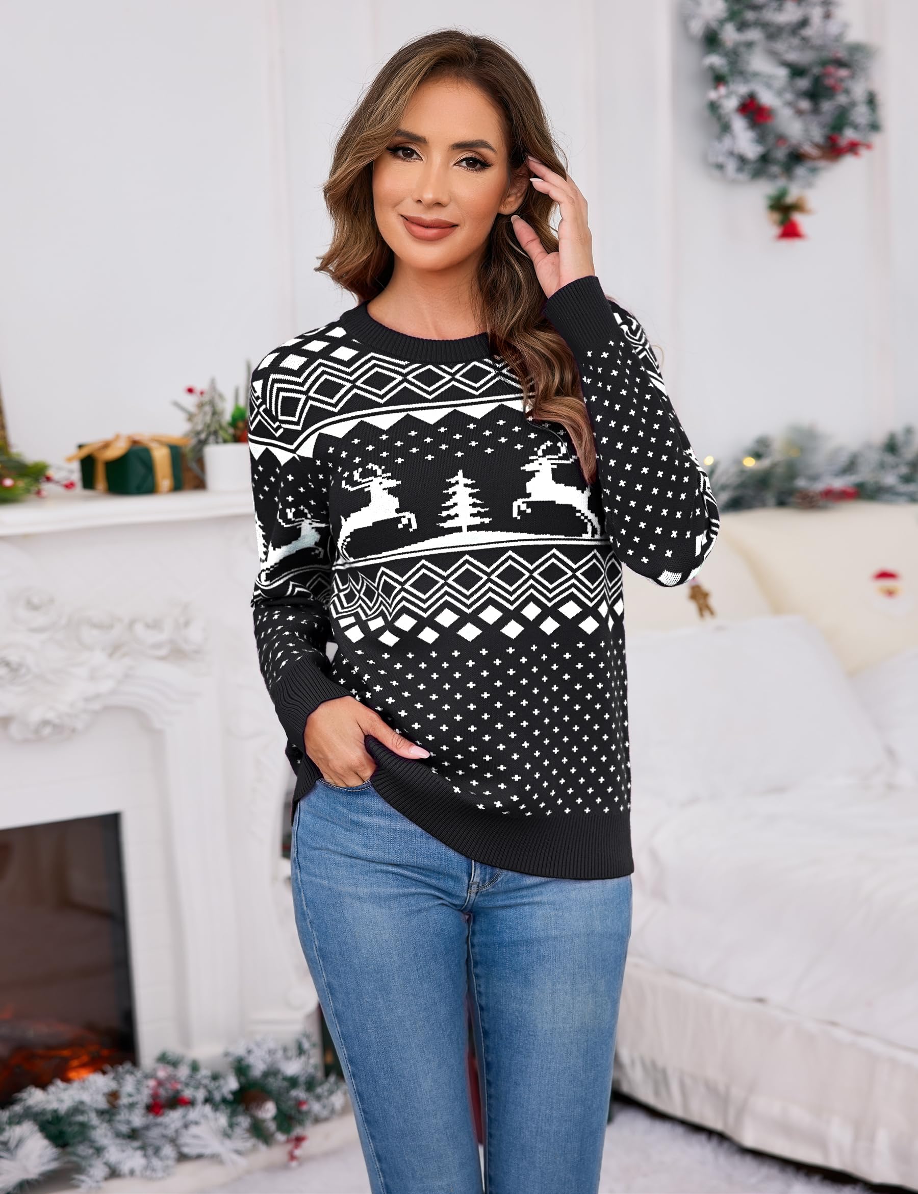 Pull de Noël Femme en Maille Motif Renne | Motif renne et sapin, col rond et manches longues pour les fêtes, les soirées d’hiver et les cadeaux de Noël.
