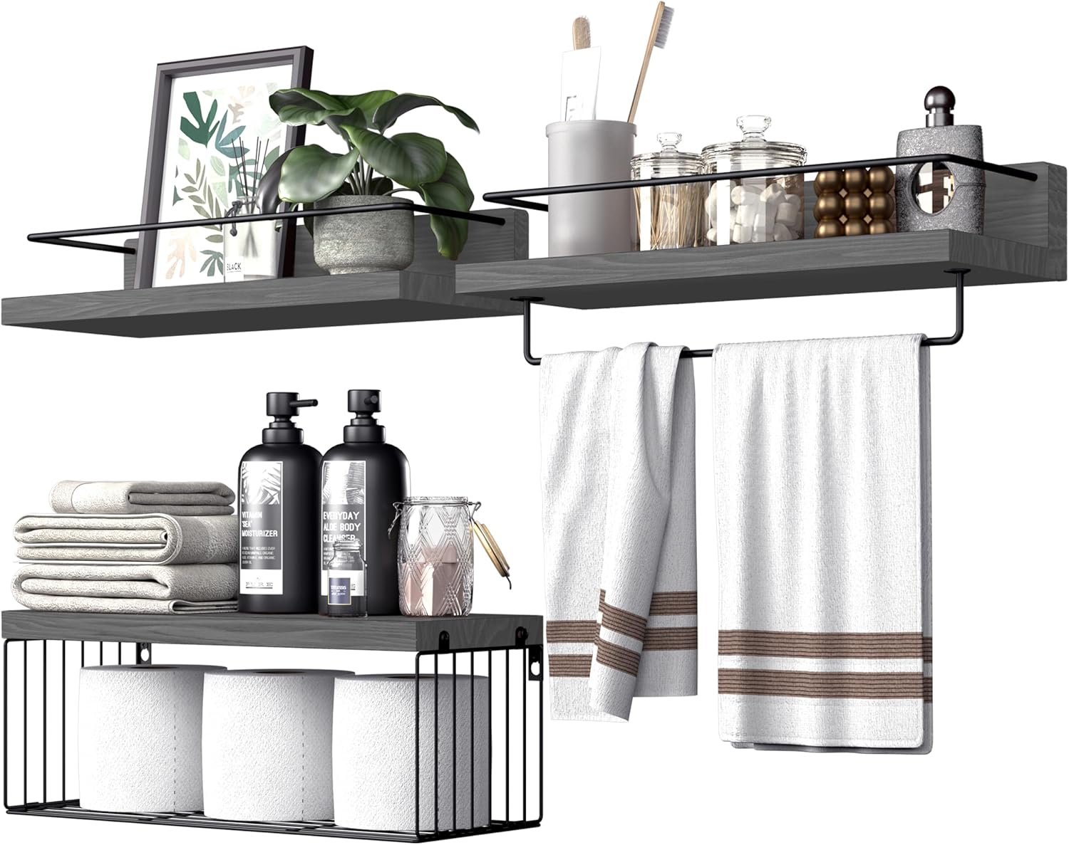 22.5 inches Bathroom Shelves Over Toilet for Wall, Floating Shelves with Storage Basket Paper Holer for Kitchen Living Room, Bedroom & Classroom, Set of 3 (Dark Brown)