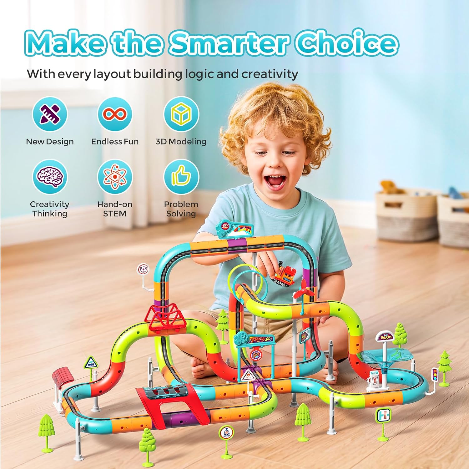 3D Electric Train Set for Kids, Gravity-Defying Track Building Toy with Lights & Sounds, STEM Gift for Ages 3-12