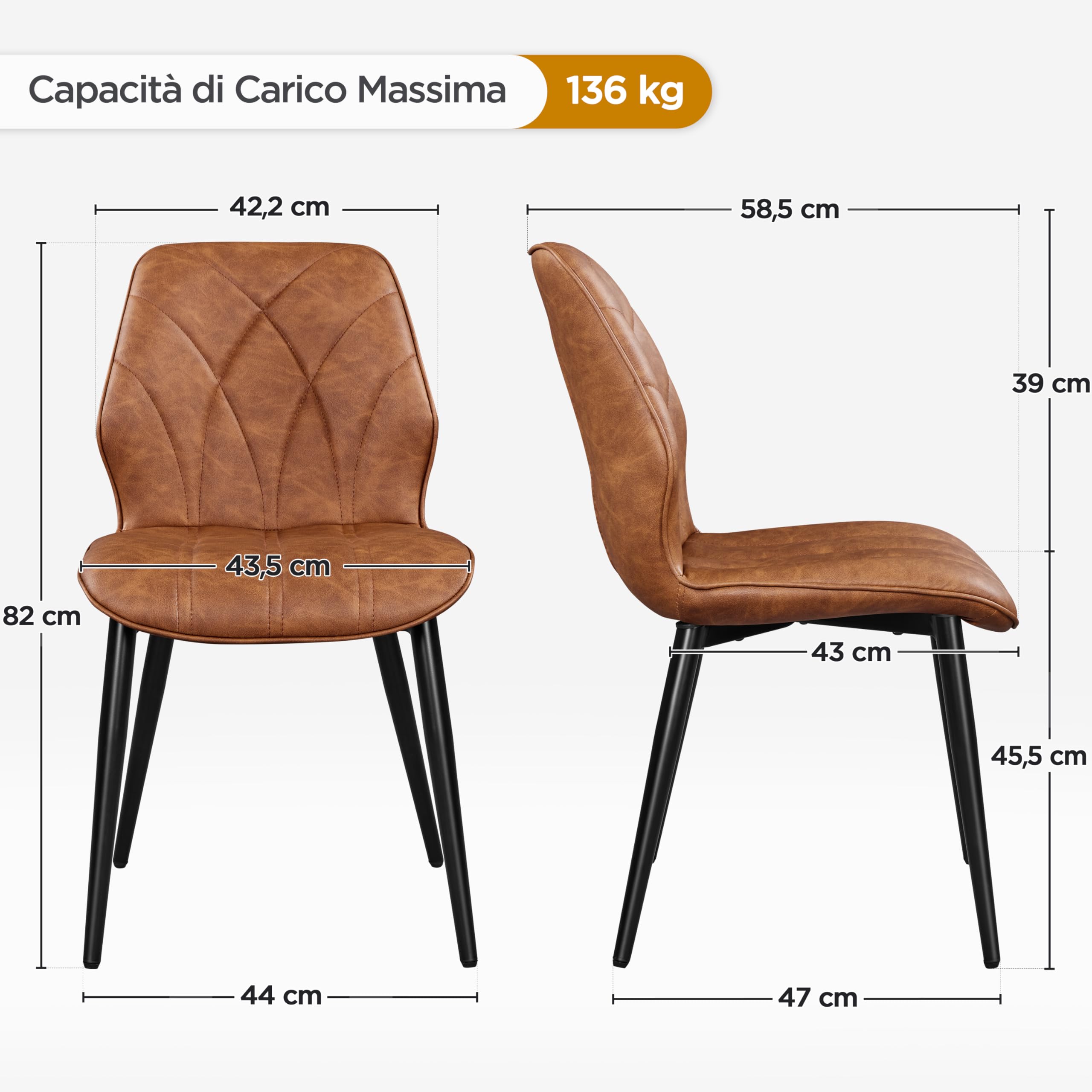Yaheetech Set 2 Sedie Sala da Pranzo Moderne Imbottite in Ecopelle Eleganti con Schienale Ergonomico Gambe Telaio in Metallo Portata 136 kg Marrone Retro