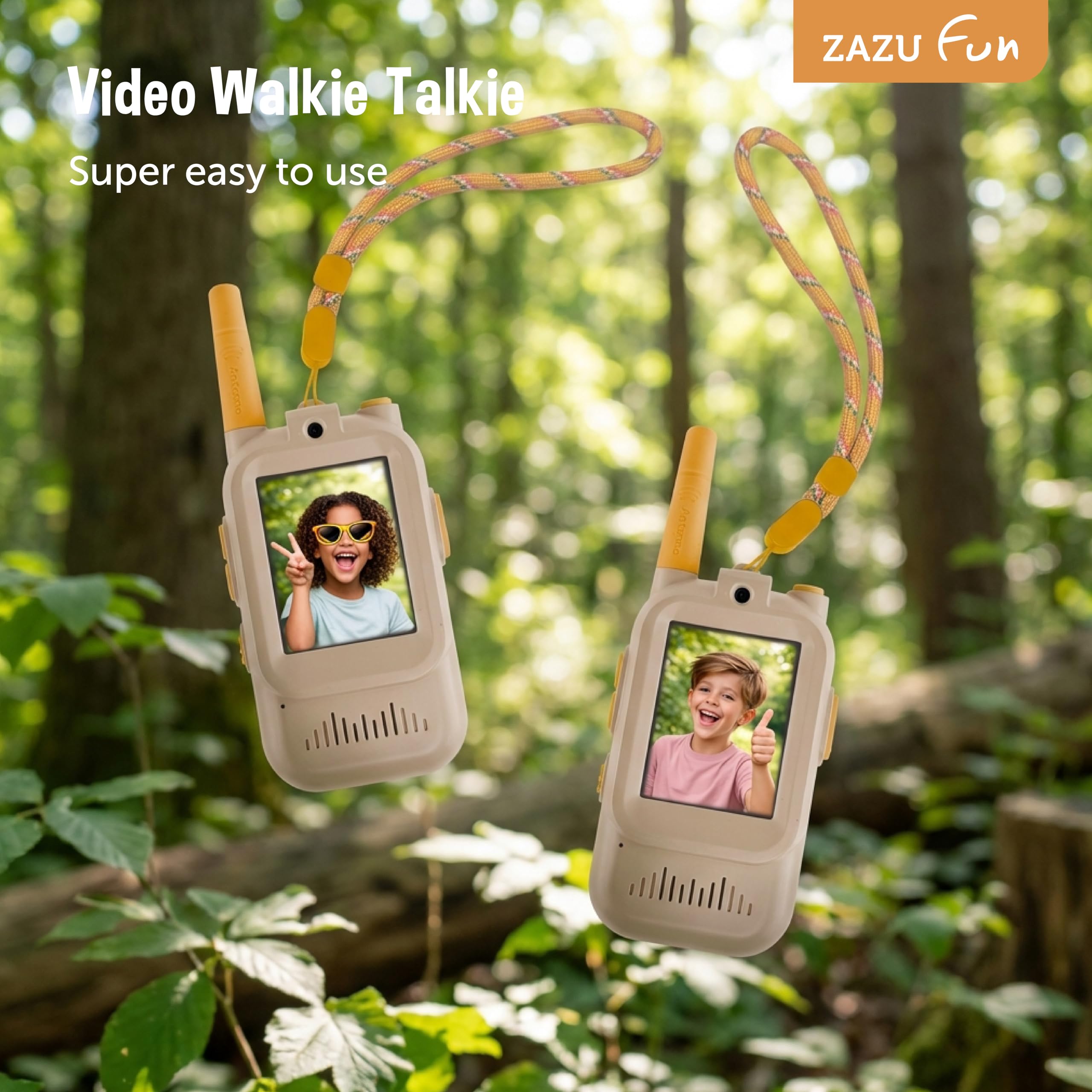 ZAZU Walkie talkie video per bambini con fotocamera, set da 2, portata 300 m, schermo da 2,0", ricaricabile tramite USB, 5 effetti vocali e 16 filtri, radio con video per interni ed esterni (beige)