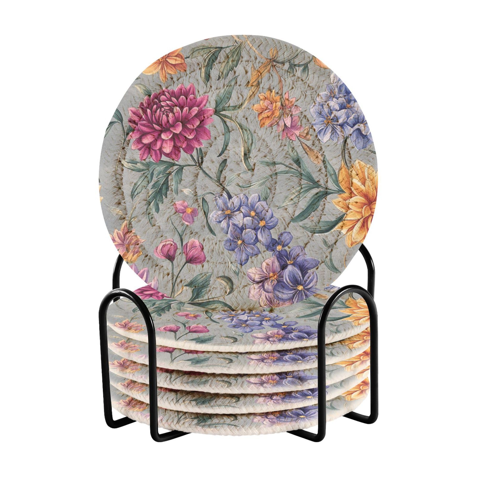 Florals Hyacinths Dahlia Gray Cotton Rope Coasters Set with Holder 6 Pack Table Cup Coasters