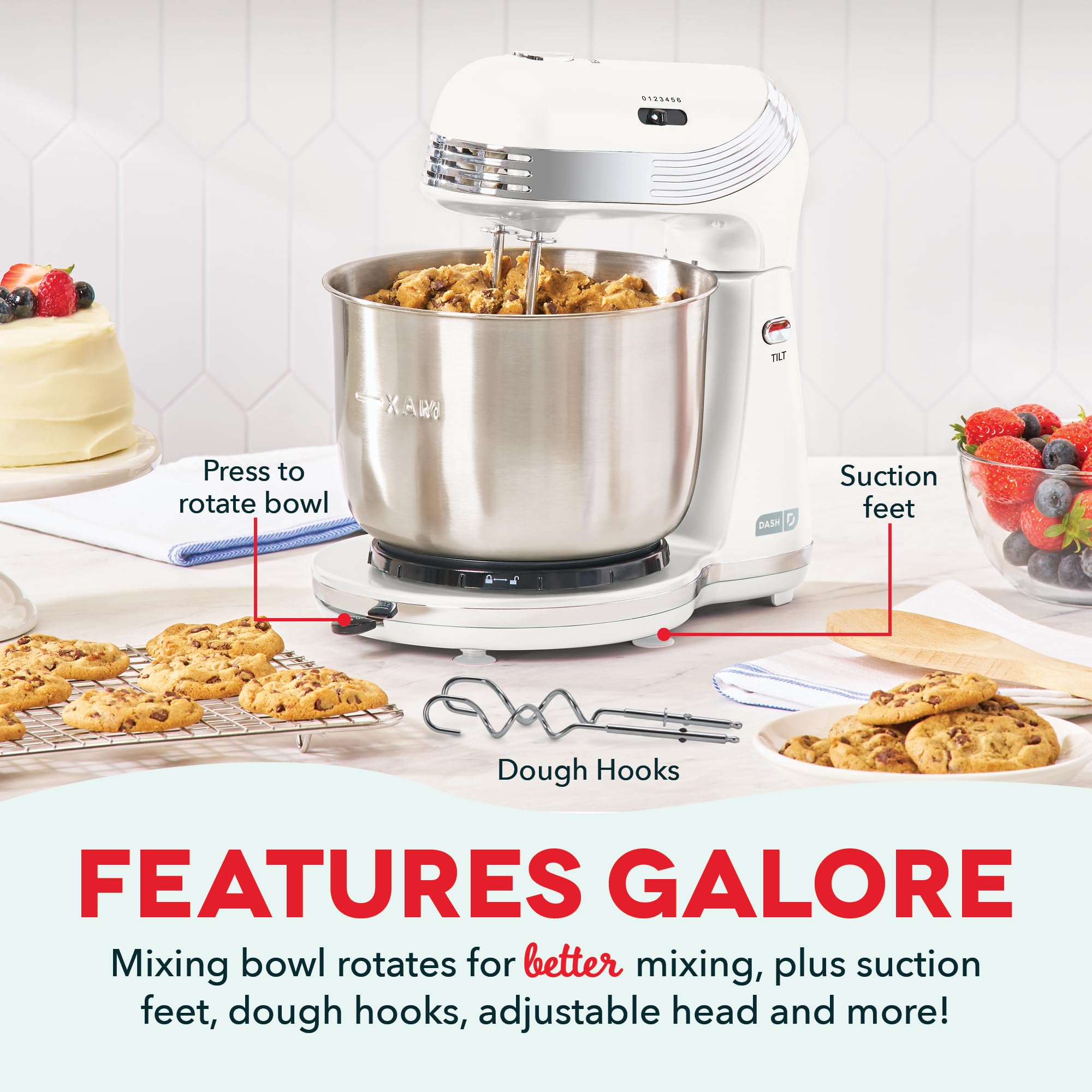 Dash Everyday Stand Mixer - Compact Tilt-Head Stand Mixer for Everyday Recipes - 6-Speed Power with Stainless Steel Bowl - White, 3-Quart view 6