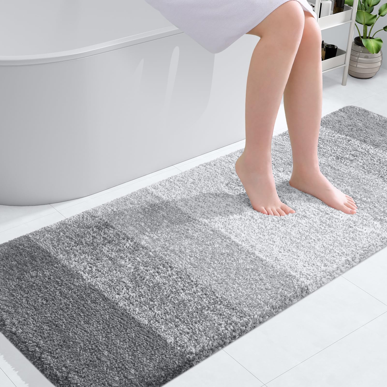 OLANLY Bathroom Runner Rug 59x24, Extra Soft Absorbent Microfiber Bath Rugs | Light Grey, Non-Slip Quick-Drying Rubber Backing, Washable Long Bath Mat for Floor, Tub and Shower, Home Decor