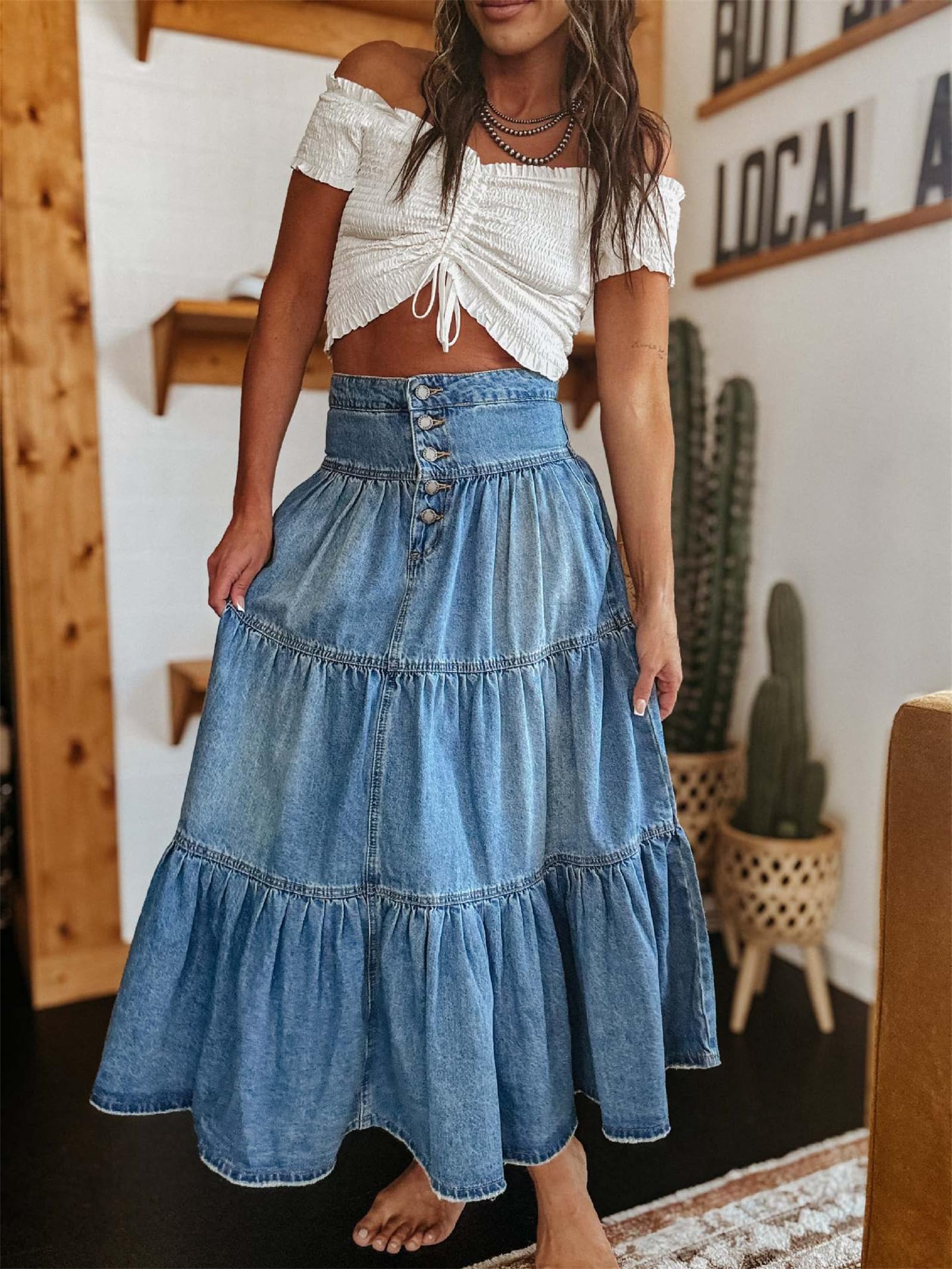 Maxifalda Vaquera para Mujer: diseño Escalonado de Corte en A y Talle Alto, con Botones Frontales, Volantes y Bolsillos