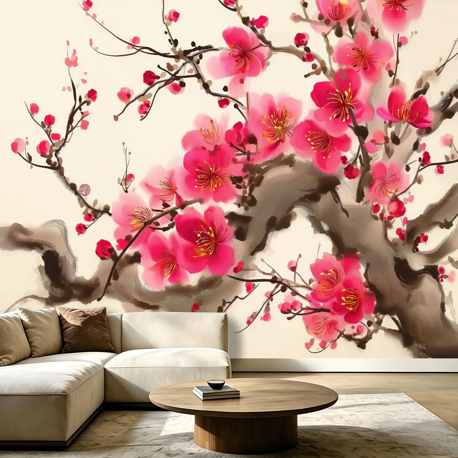 Fototapeta 3D – 350 x 256 cm, kwiaty, kwiat brzoskwini, wzór gałęzi, włóknina, wysokiej jakości polar, fototapeta, możliwość prania atramentu, elegancki wzór, do salonu, sypialni, kuchni, korytarza