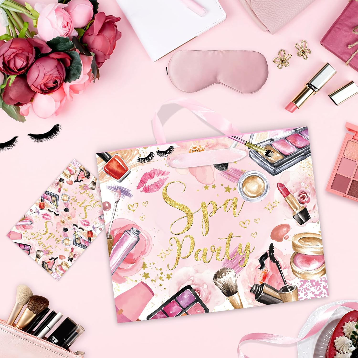 Yomaiha Spa Party Supplies for Women Girls, Pink Spa Party Favors Bag with Tissue Paper and Card Spa Make up Wrapping Paper Goody Bags Makeup Theme Party Decorations Favors - Image 2