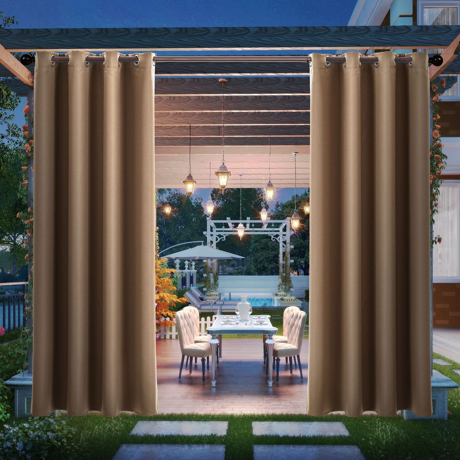 Gazebo Patio Outdoor Curtains Waterproof - Garden Blackout Thermal Insulated Sun Shades Eyelet Privacy Curtain for Outside Pergola Porch Pool, Indoor Window Blinds for Living Room Bedroom Balcony — view 21