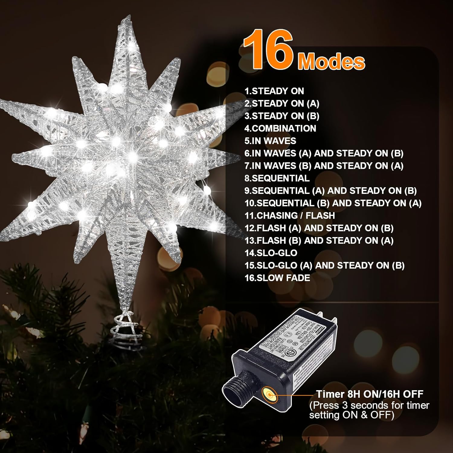 Christmas Star Tree Topper Decorations, Plug in 3D Geometric Star Plugged Decorative Treetop with LED Light Beads for Home Holiday Xmas Tradition Moravian Decor 16 Functions, Sliver