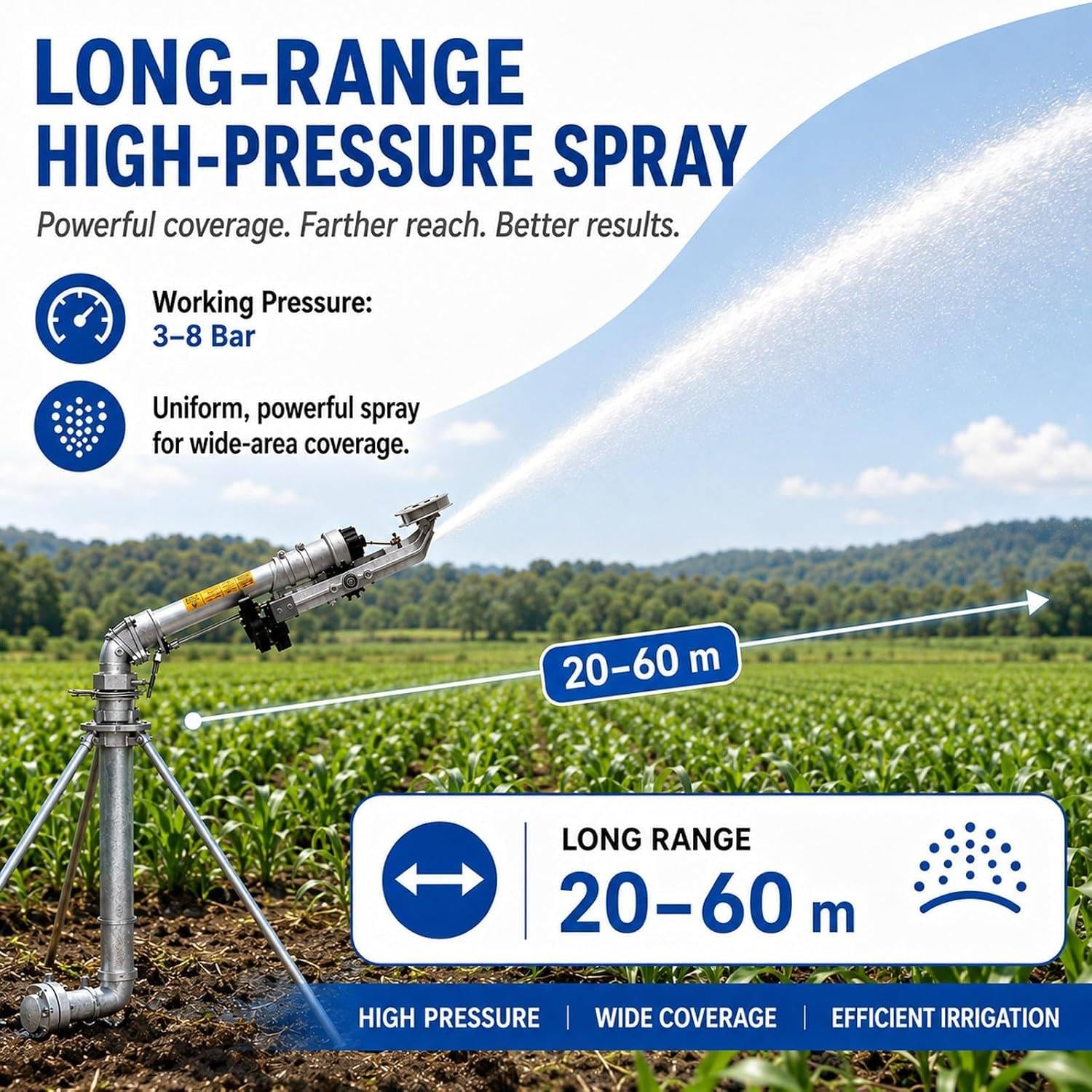 Zraszacz Rolniczy 360°, Zraszacz Impulsowy do Dużych Powierzchni Model50 | Zasięg 20-60m, Kąty 24°/44° i Pięć Wymiennych Dysz Zapewniają Równomierne Nawadnianie Pól, Sadów, Upraw i Dużych Szkółek