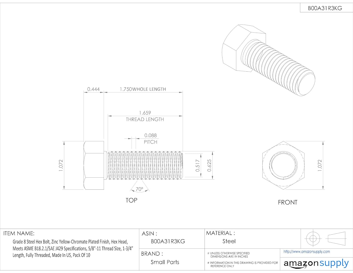 Steel Hex Bolt, Grade 8, Zinc Yellow-Chromate Plated Finish, Hex Head, External Hex Drive, Meets ASME B18.2.1/SAE J429, 7" Length, Partially Threaded, 1"-14 Threads, Made in US